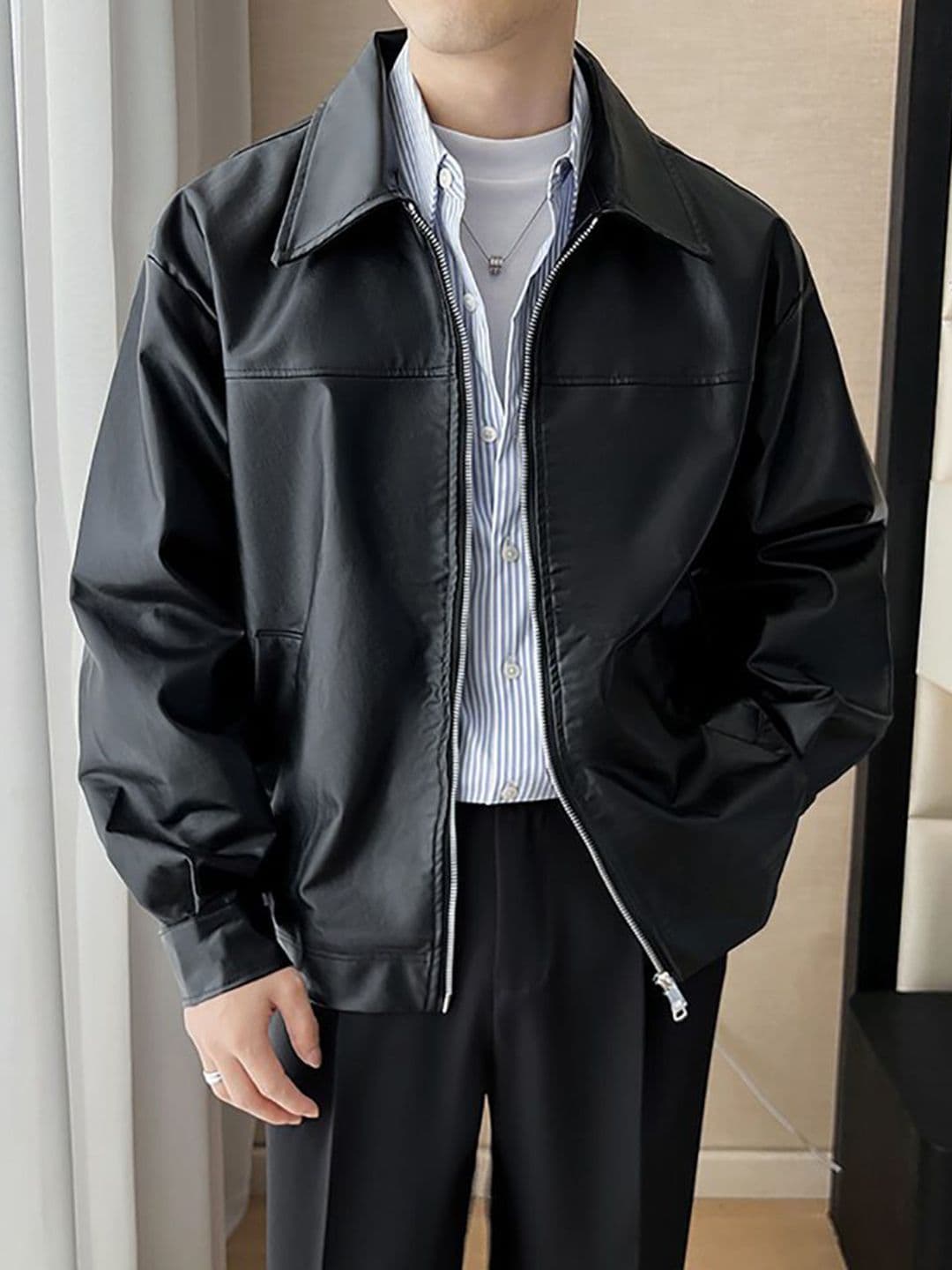 StyleCast x Revolte Men Spread Collar Solid Casual Leather Jacket - view 1
