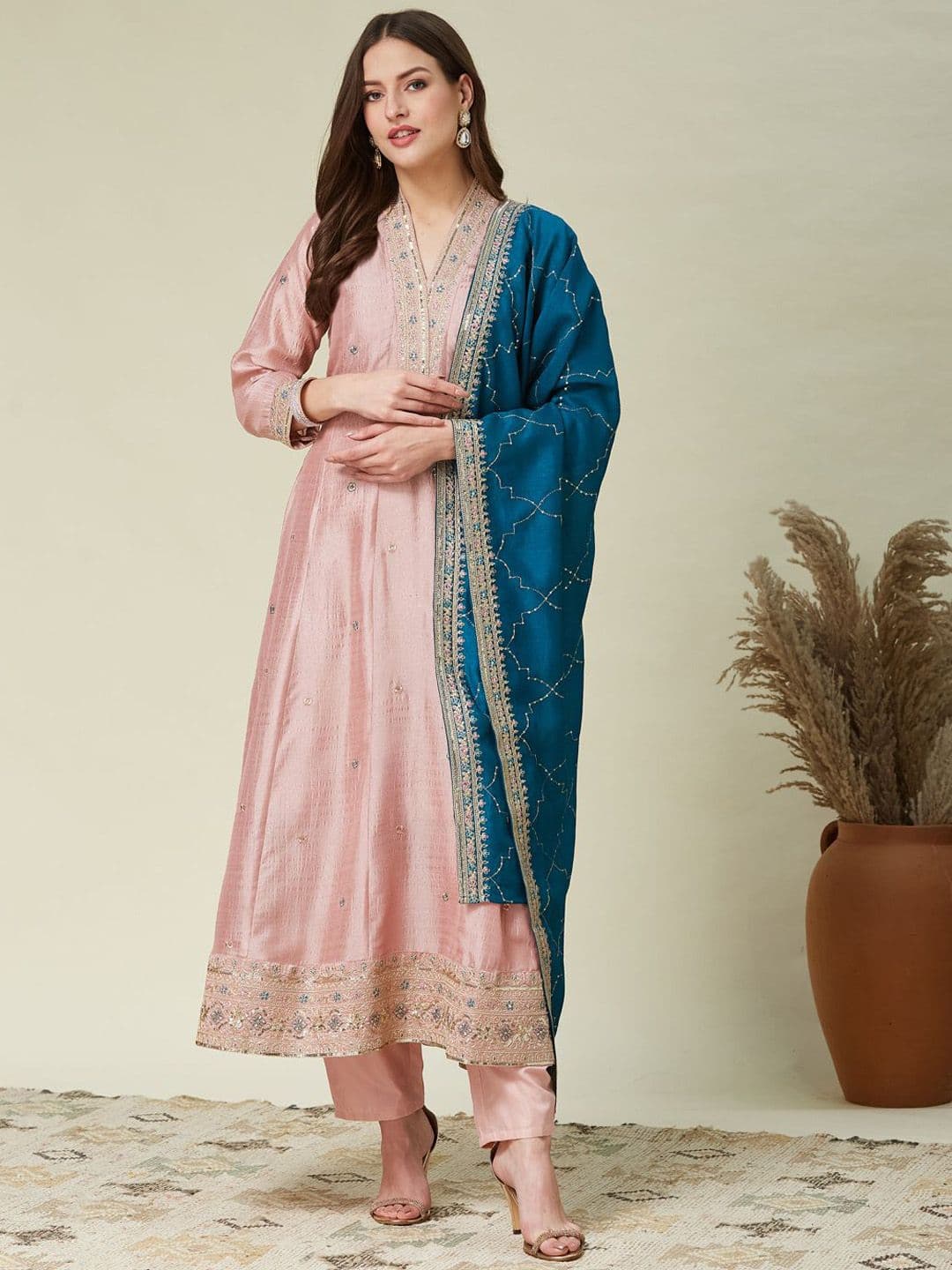 MOKOSH Women Silk Embroidered Anarkali Kurta and Pant with Dupatta Set - view 1