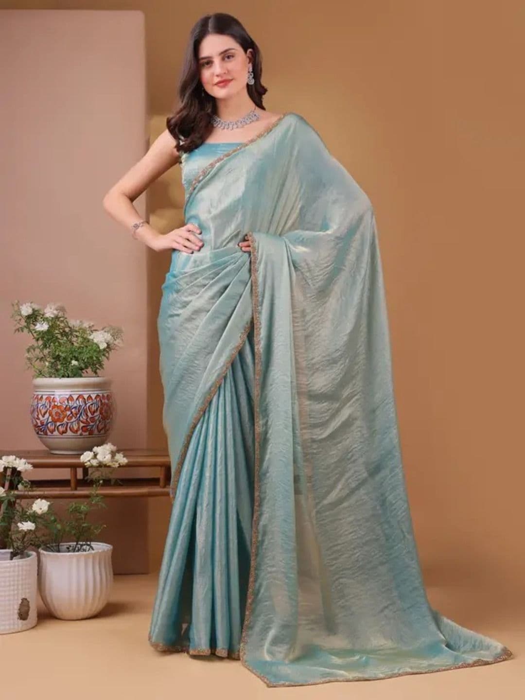 VRAGI Embroidered Pure Chiffon Saree - view 1
