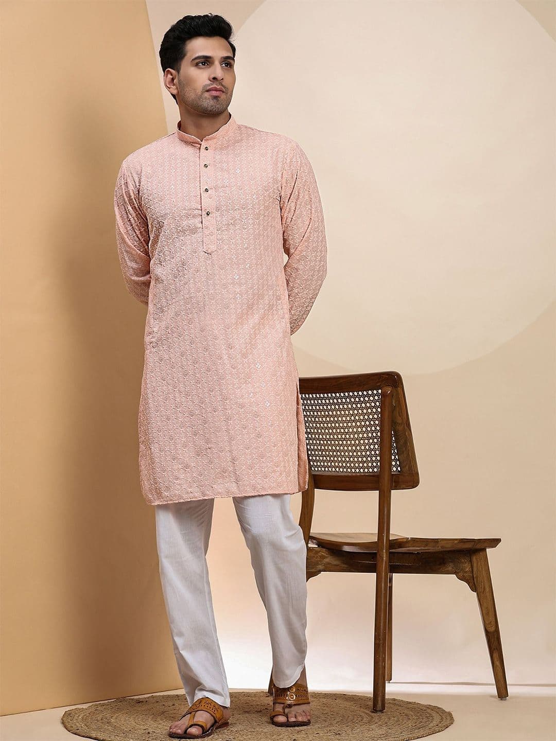 Pro-Ethic STYLE DEVELOPER Geometric Embroidered Mandarin Collar Sequinned Cotton Kurta - view 1