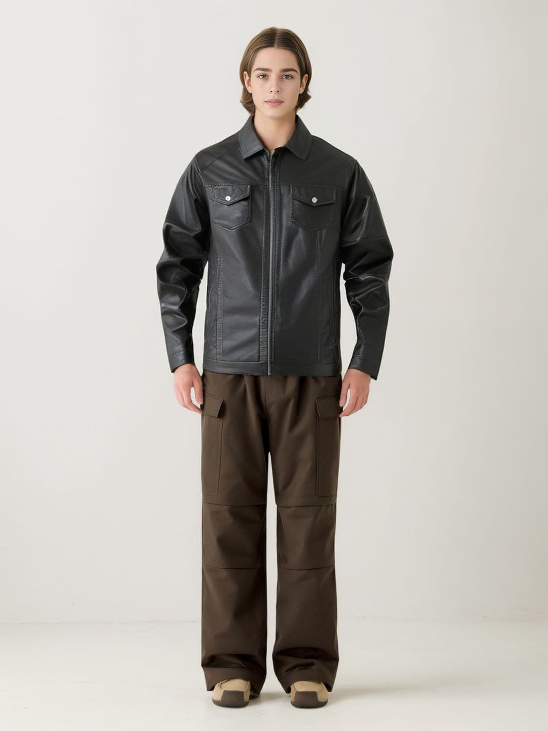 StyleCast x Revolte Men Spread Collar Solid Casual Leather Jacket - view 1