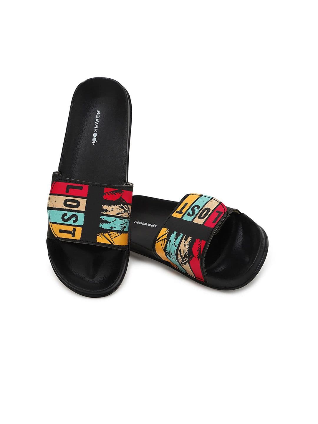 Bewakoof Men Black Lost Printed Velcro Sliders - view 1