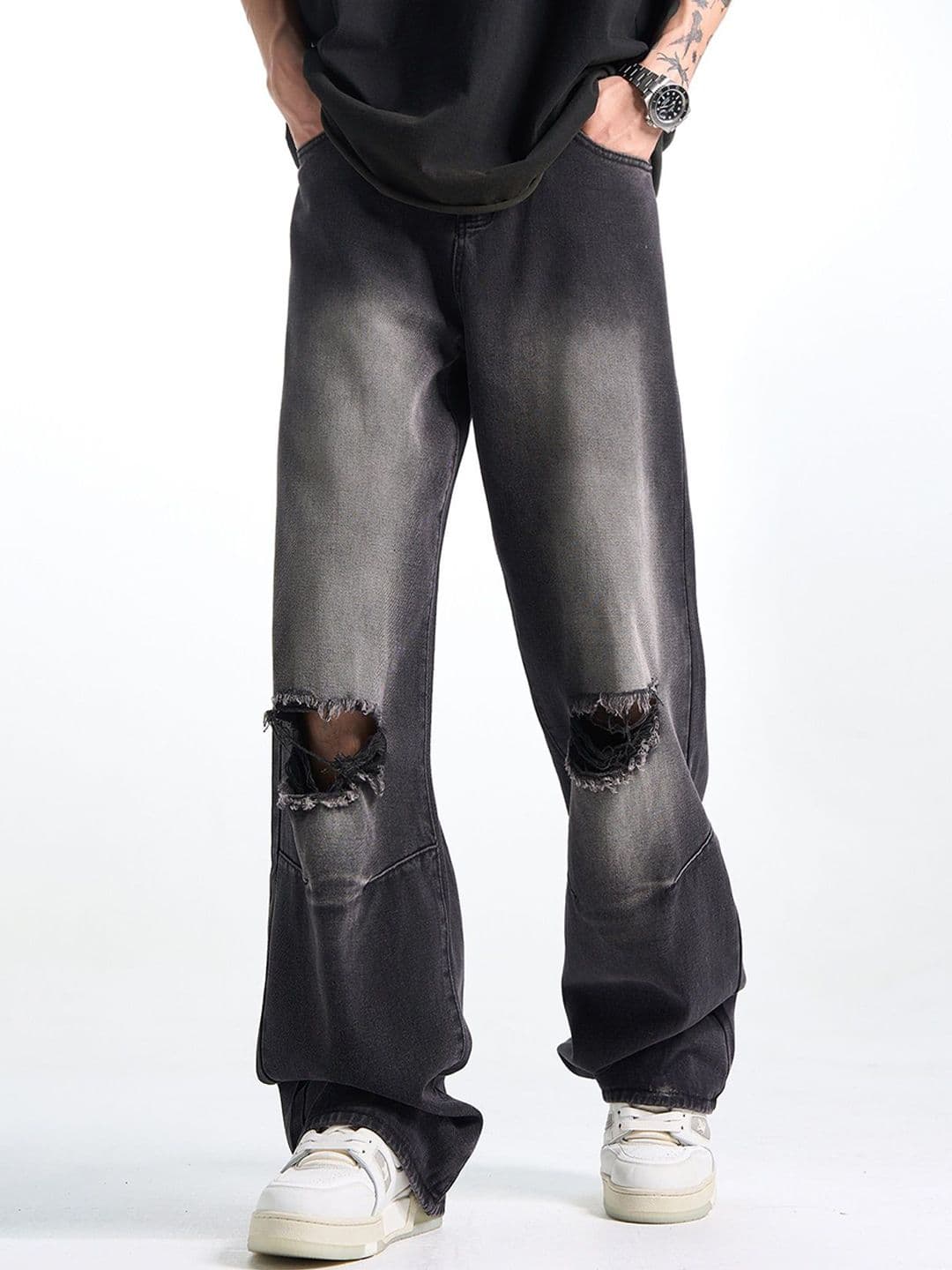StyleCast Men Wide Leg Highly Slash Knee Fade Jeans - view 1