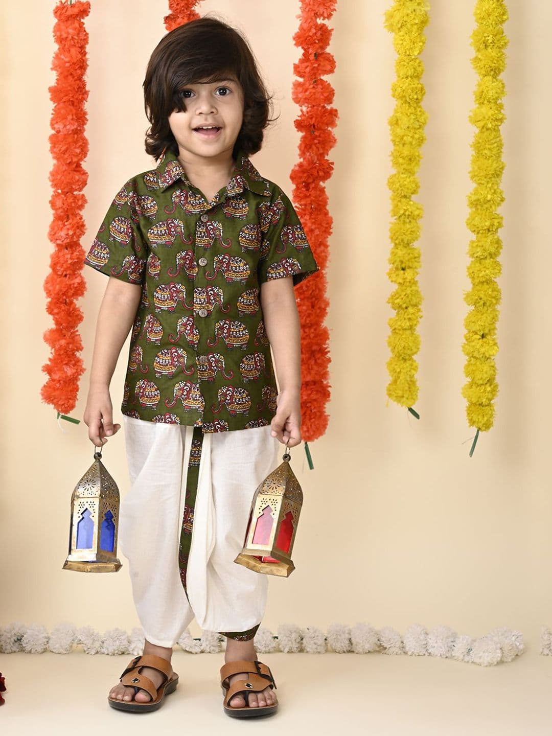 MoMaa Boys Printed Short Sleeves Pure Cotton Shirt With Dhoti Pant