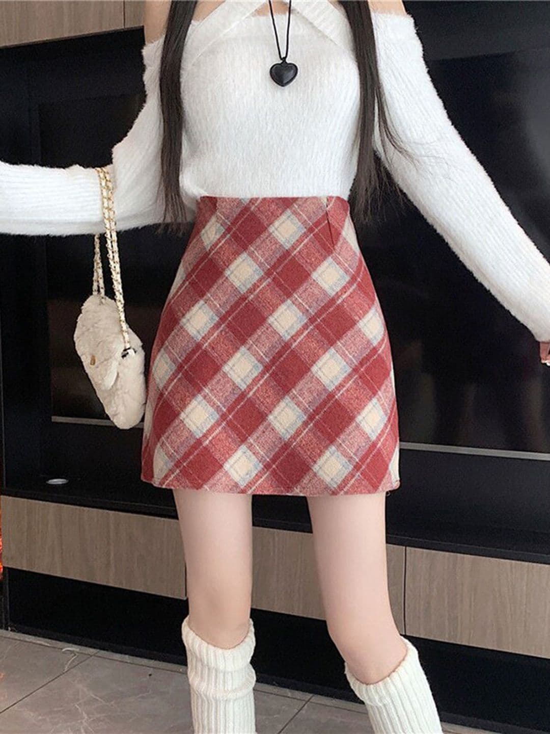 StyleCast Red & Grey Checked Pencil Skirt - view 1