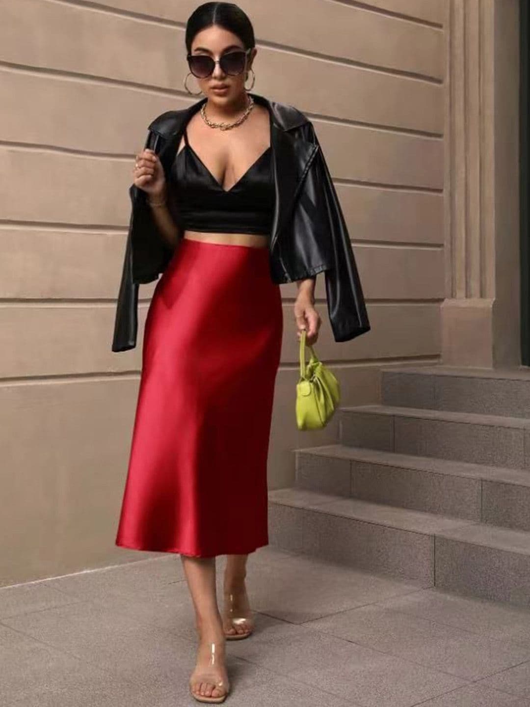 StyleCast Red Midi Solid Satin Skirt - view 1