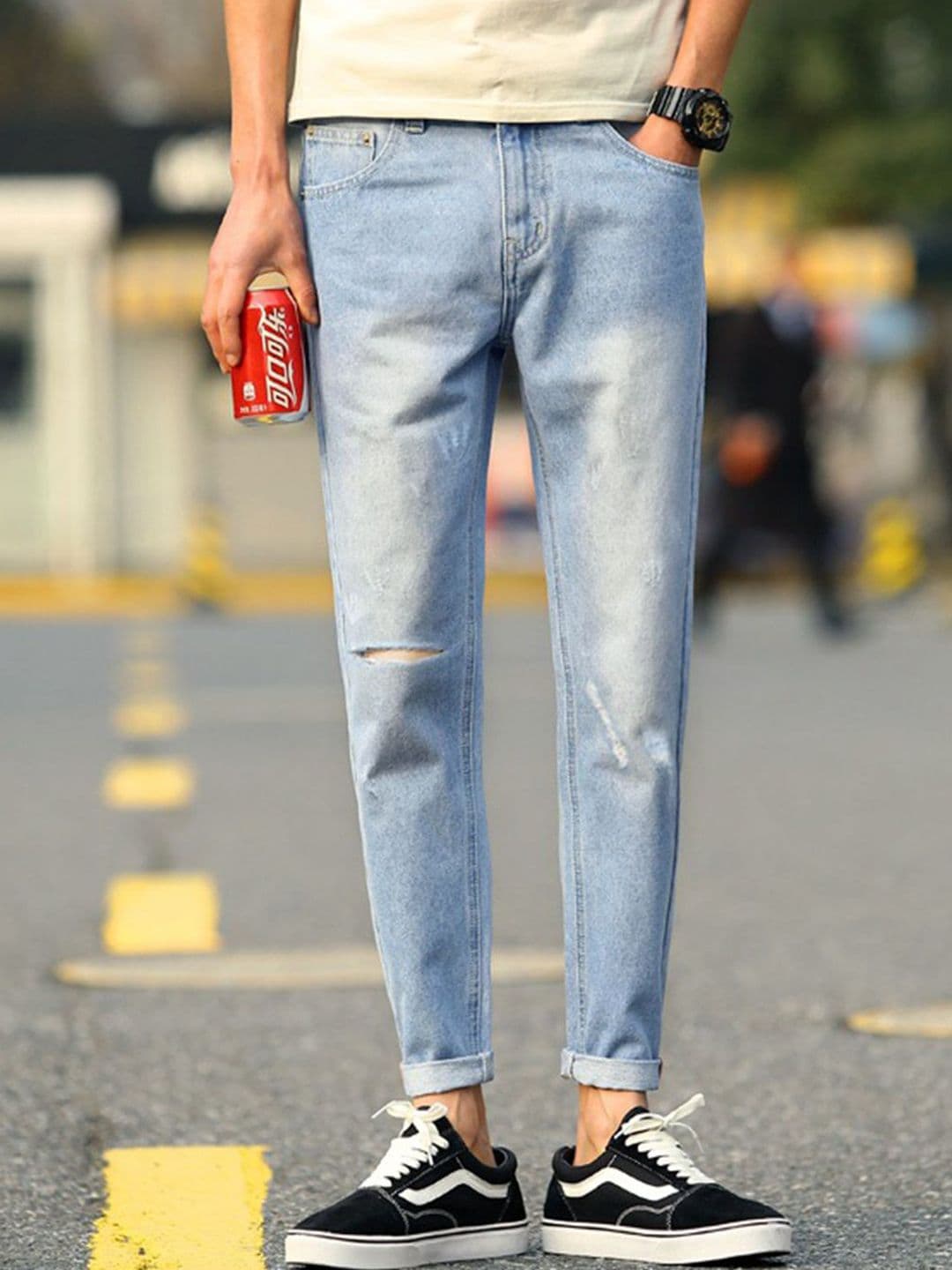 StyleCast Men Skinny Fit Slash Knee Light Fade Jeans - view 1