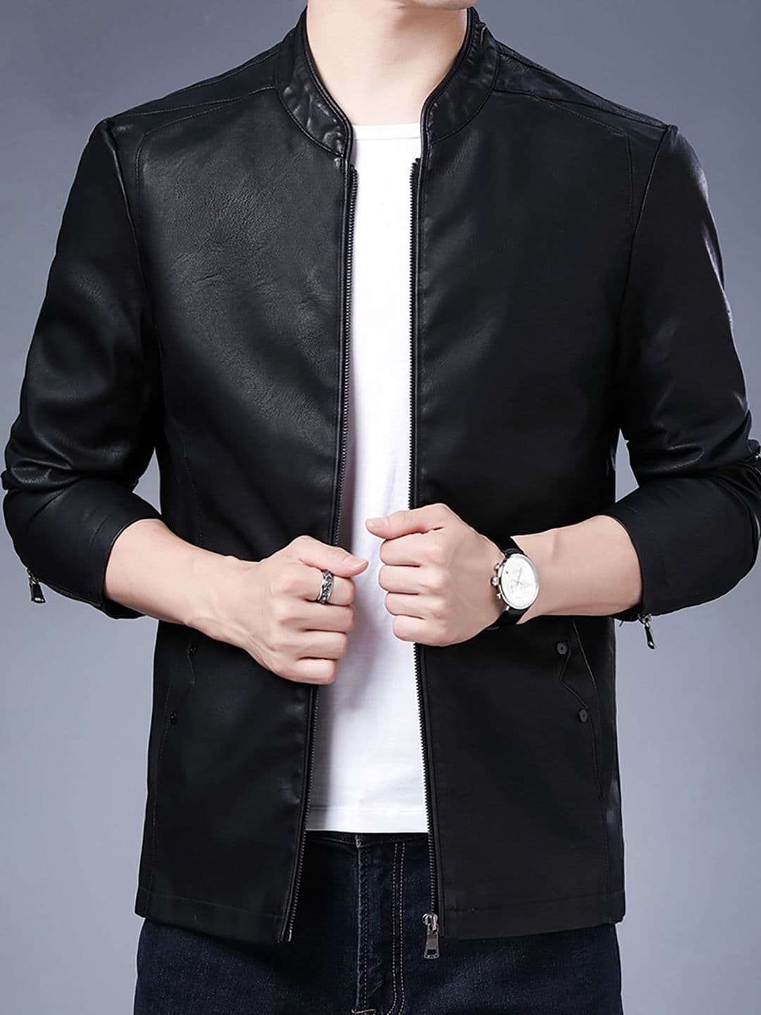 StyleCast x Revolte Men Mandarin Collar Solid PU Casual Windcheater Jacket