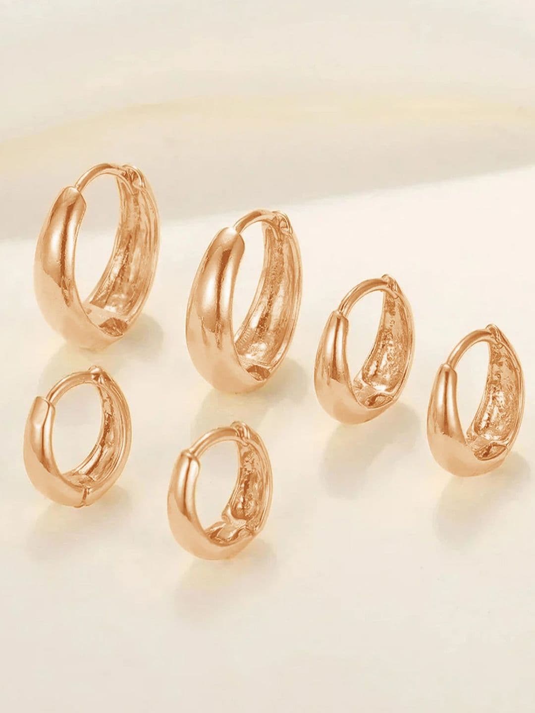 VAMA Women Set Of 3 18K Rose Gold Plated Piercing Kaju Kan ki Huggie Hoop Bali Earrings - view 1