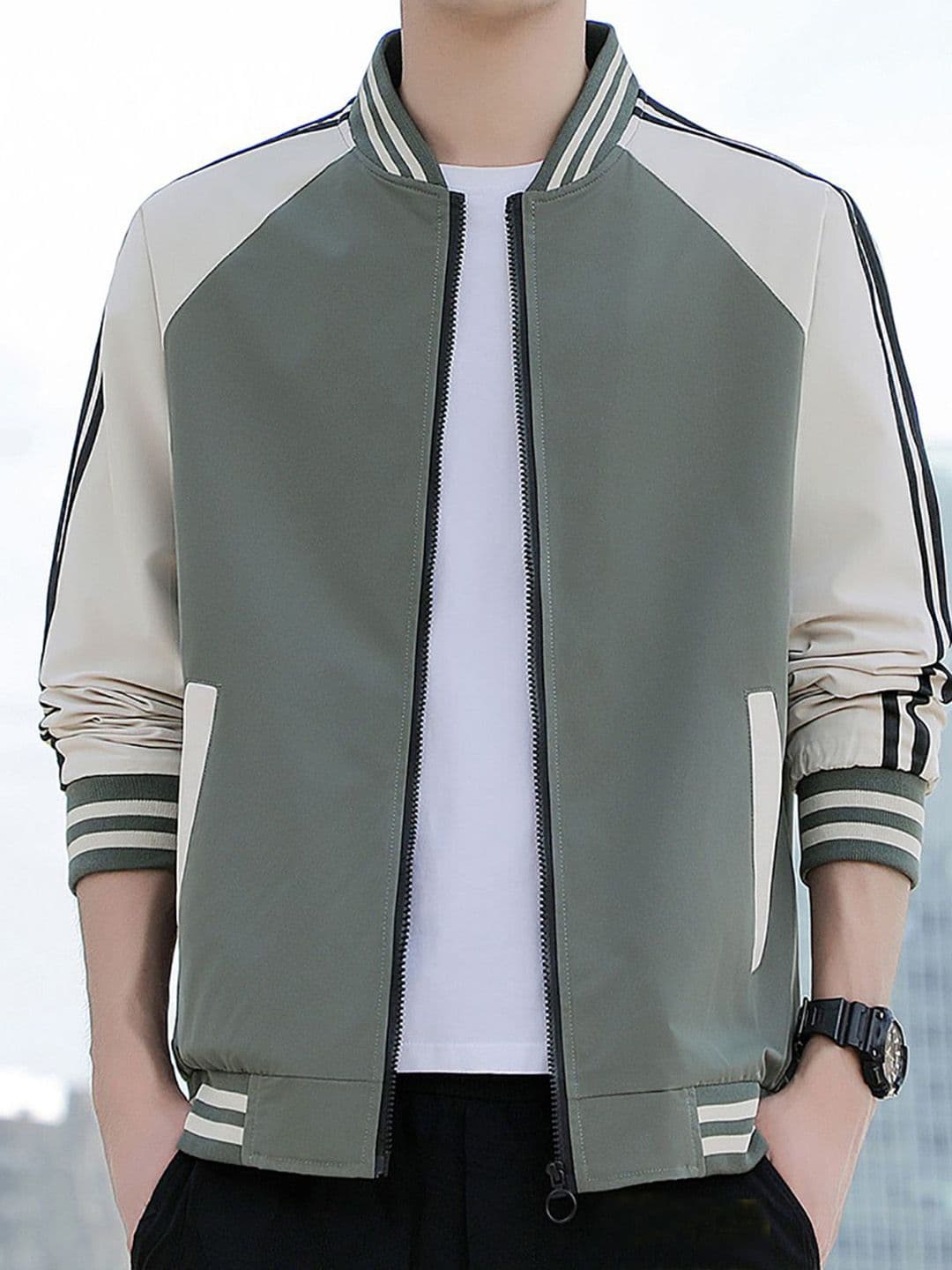 StyleCast x Revolte Men Stand Collar Colourblocked Casual Bomber Jacket - view 1