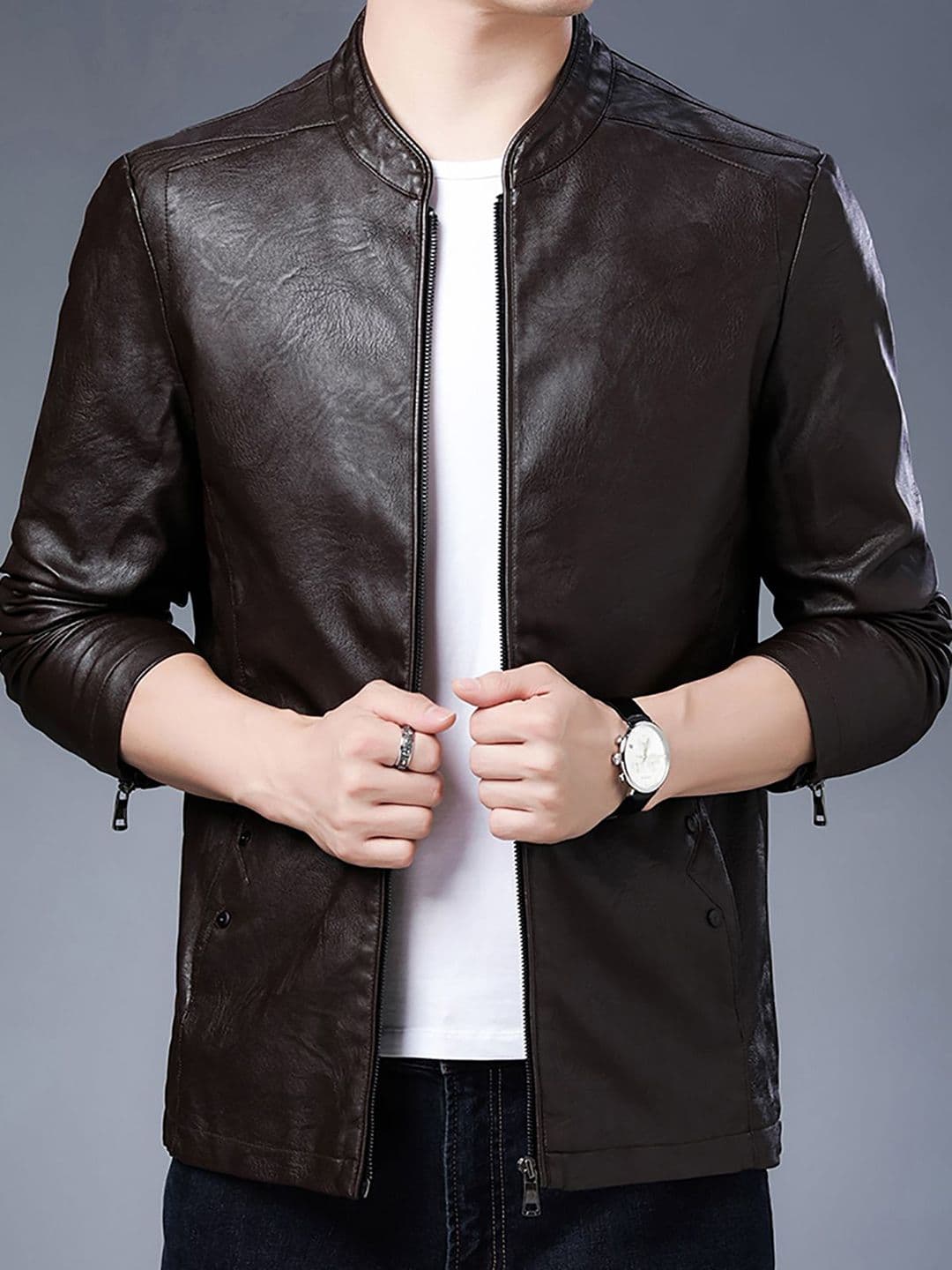 StyleCast x Revolte Men Mandarin Collar Solid PU Casual Windcheater Jacket - view 1