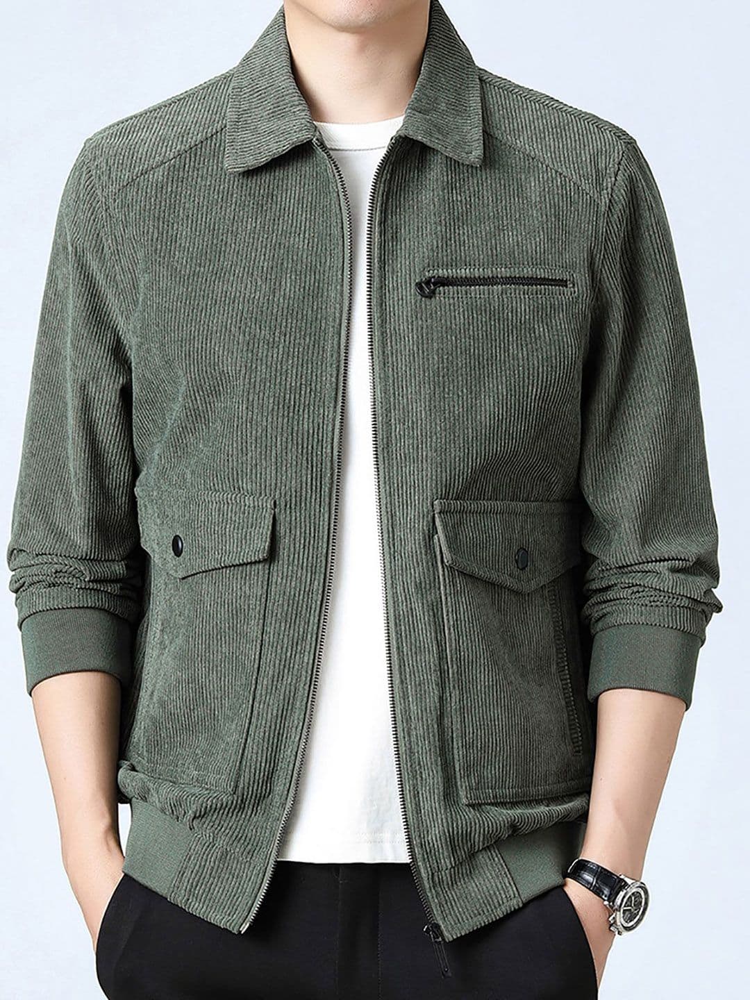 StyleCast x Revolte Green Solid Casual Windcheater Jacket with Spread Collar - view 1