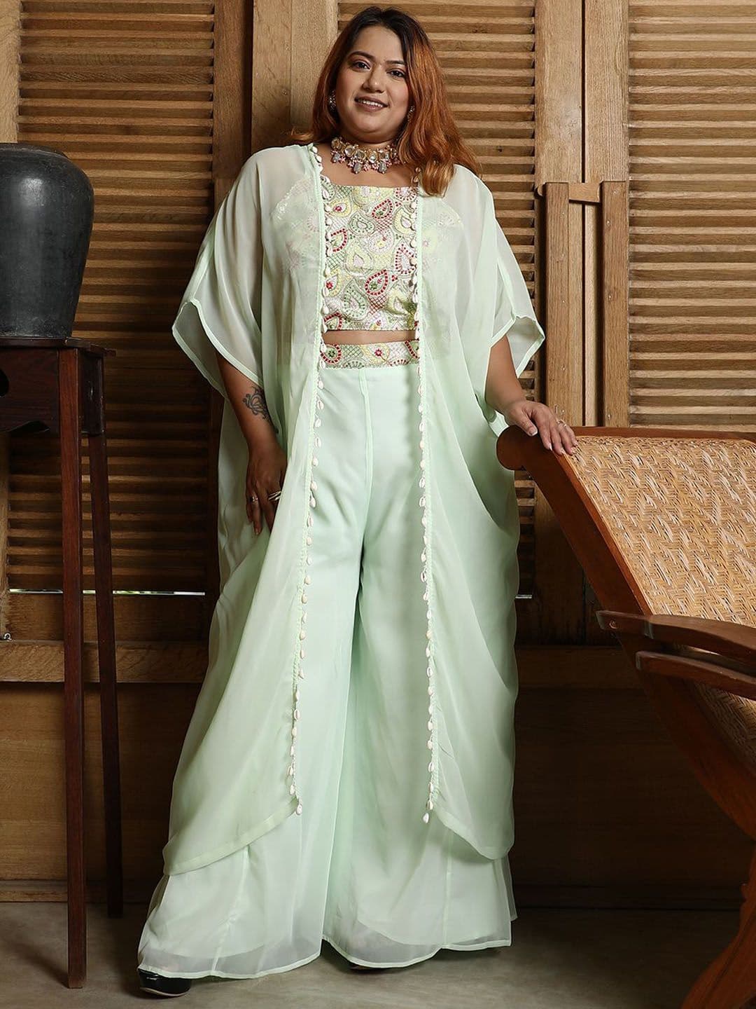 Instafab Plus Paisley Embroidered Sholuder Straps Crop Top & Palazzos With Shrug Co-Ords - view 1