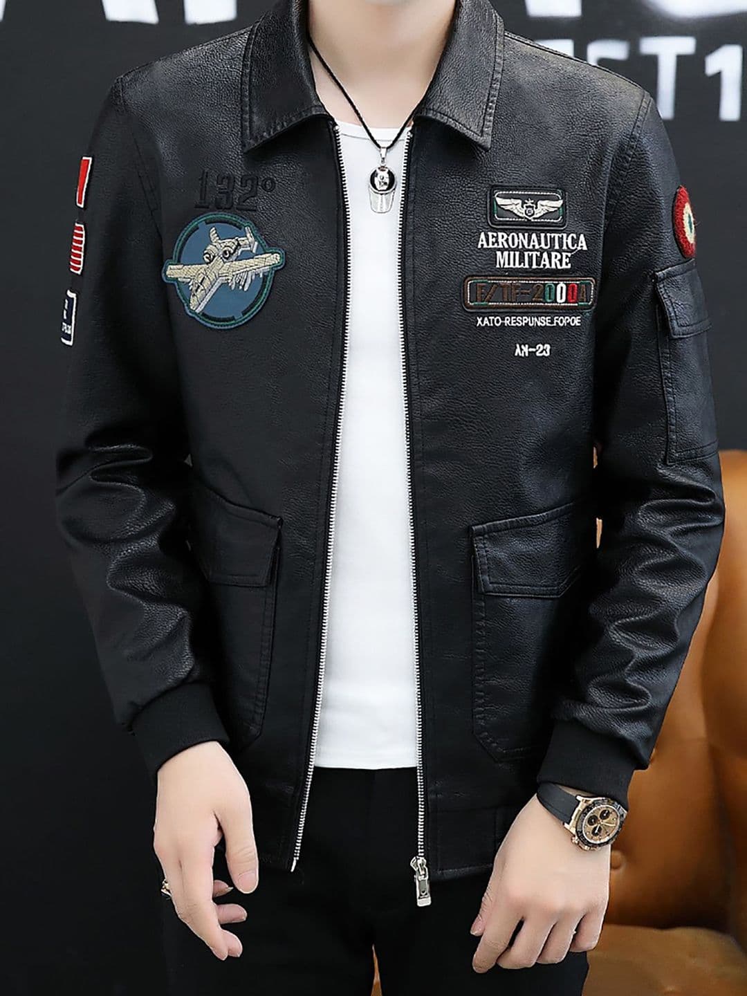 StyleCast x Revolte Men Spread Collar Graphic Printed PU Casual Windcheater Jacket - view 1
