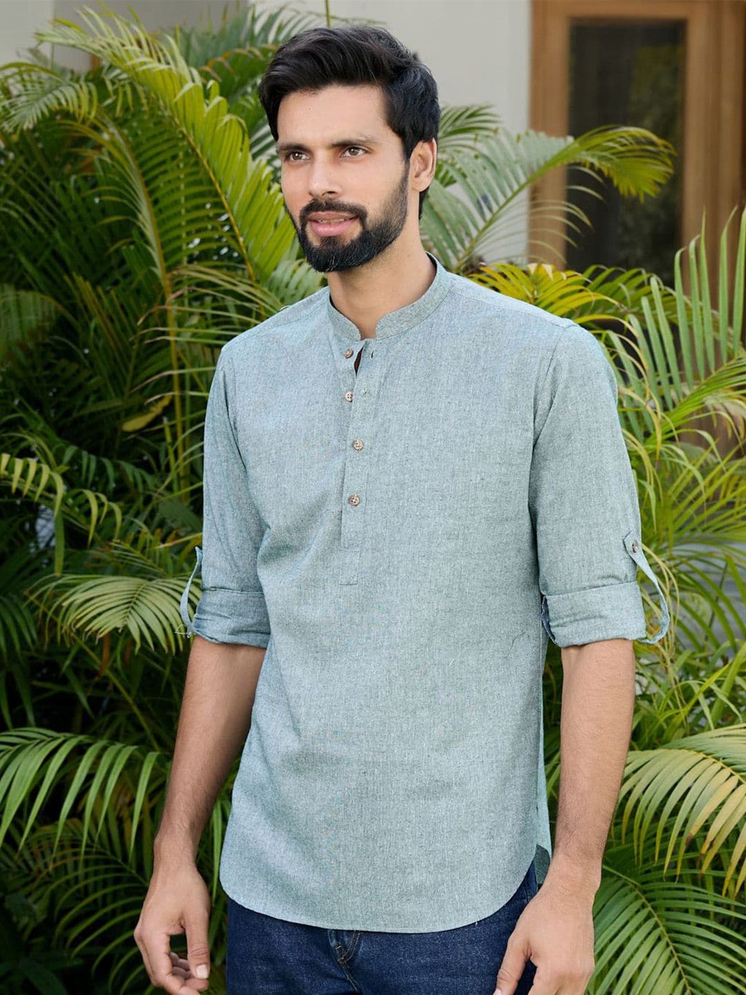 See Designs Men Thread Work Mandarin Collar Cotton Kurta - view 1