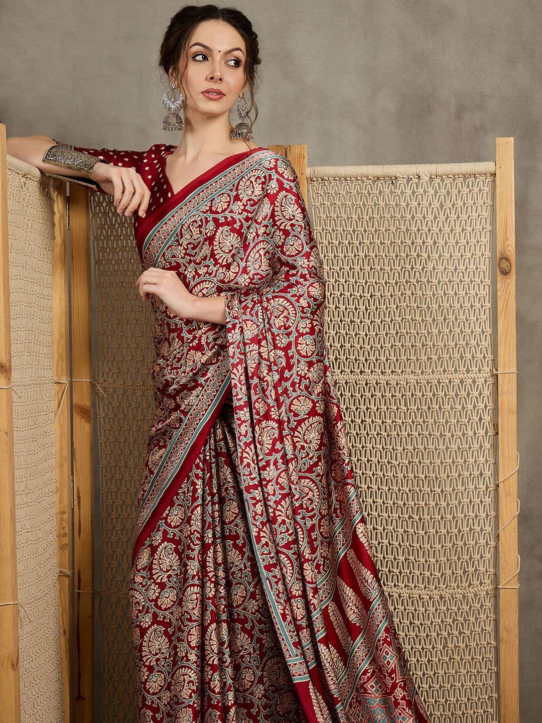 all about you Floral Ajrak Printed Pure Crepe Block Print Saree - view 1