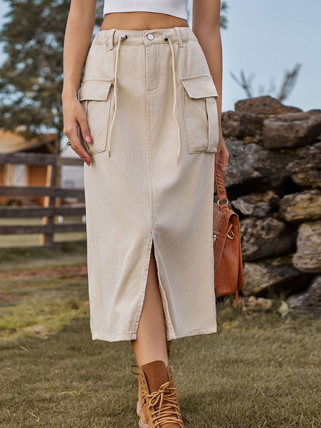 StyleCast Solid Denim A-line Midi Skirts - view 1