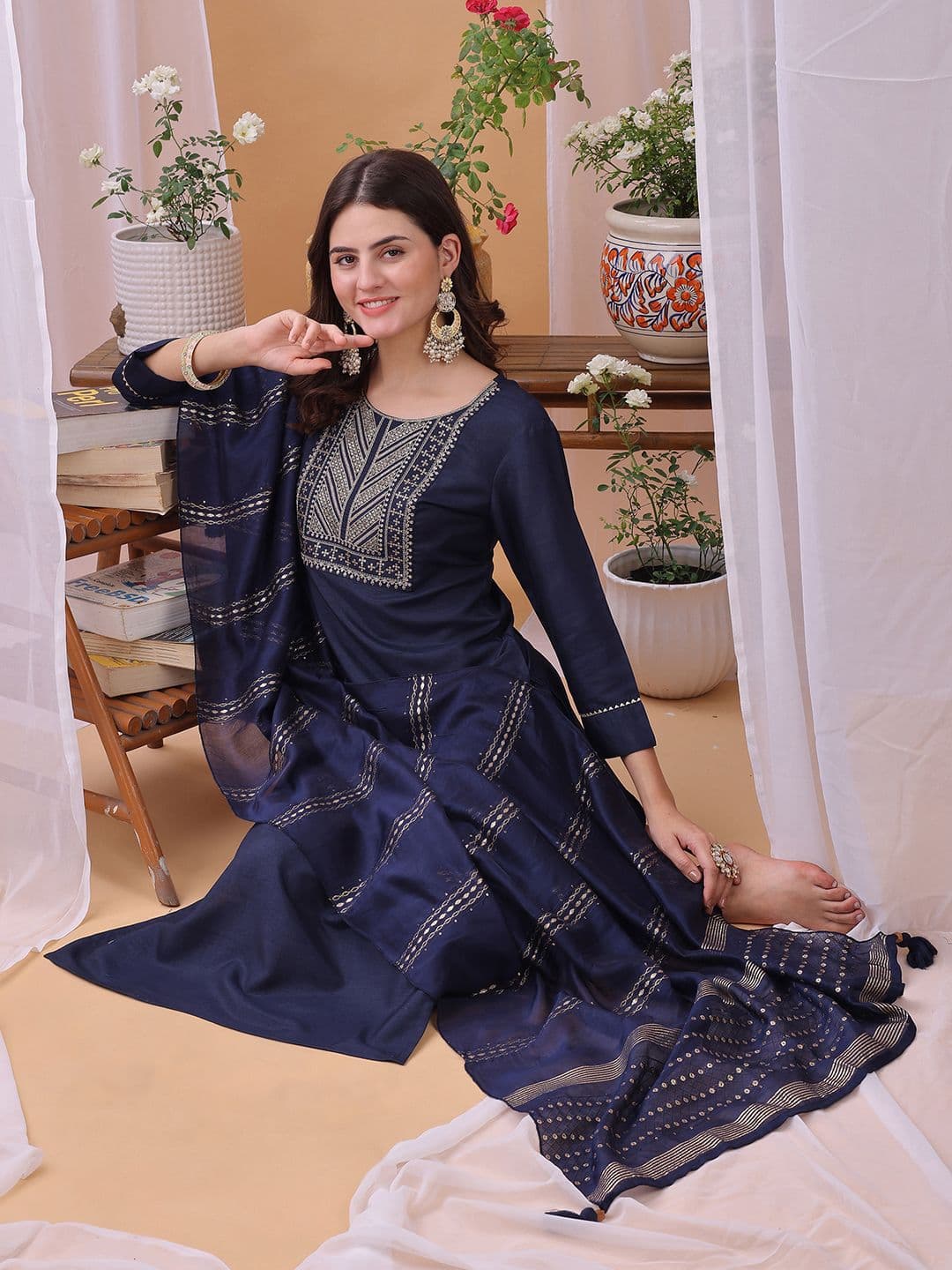 KALINI Yoke Design Sequinned Straight Kurta With Trousers And Dupatta - view 1