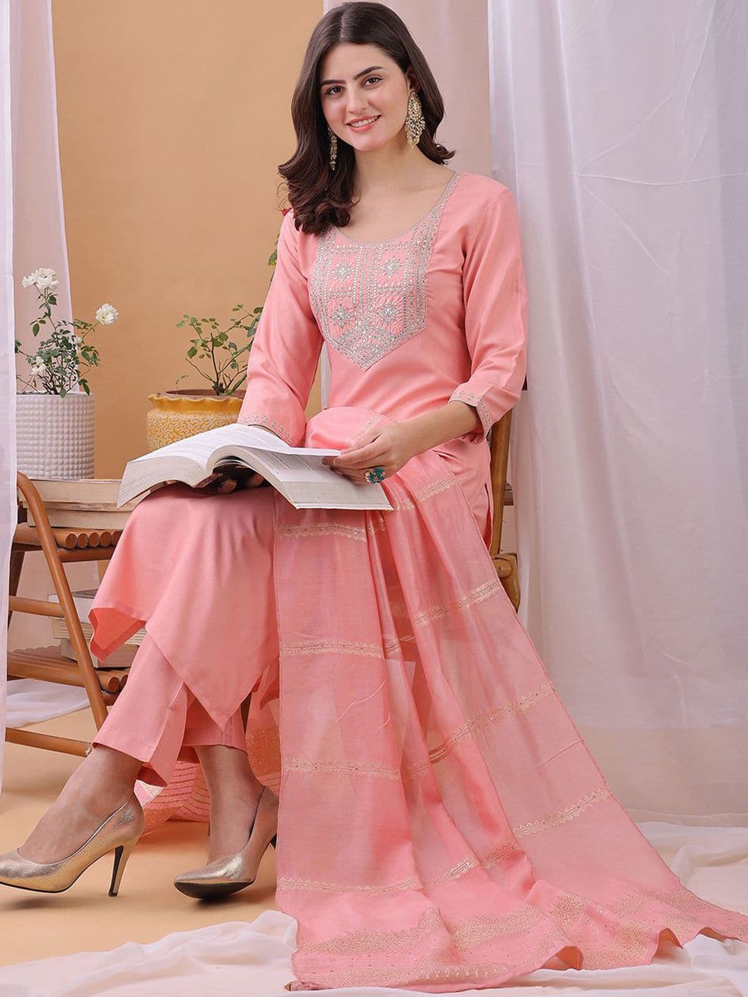 KALINI Yoke Design Embroidered Straight Kurta With Trousers And Dupatta - view 1