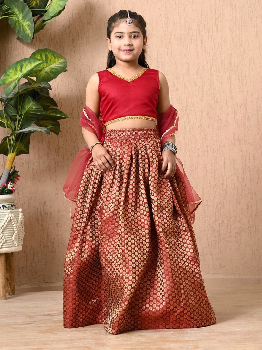 MoMaa Girls Embellished Silk Georgette Ready To Wear Lehenga With Blouse & Dupatta - view 1