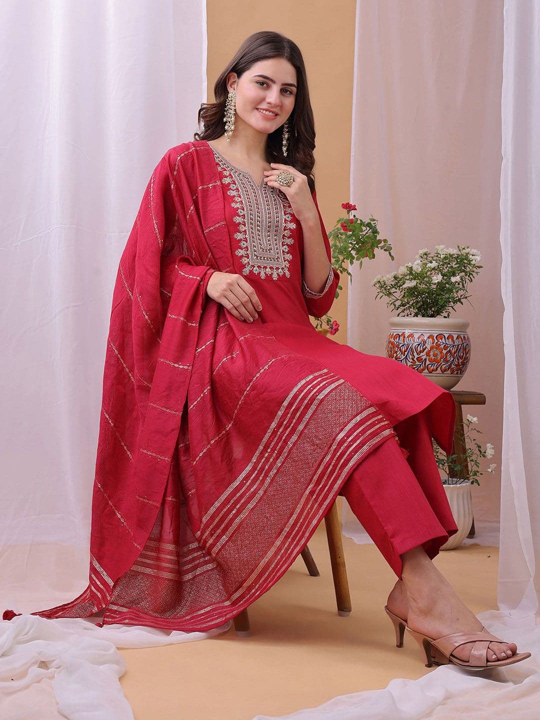 KALINI Yoke Design Zari Work Straight Kurta With Trouser And Dupatta - view 1