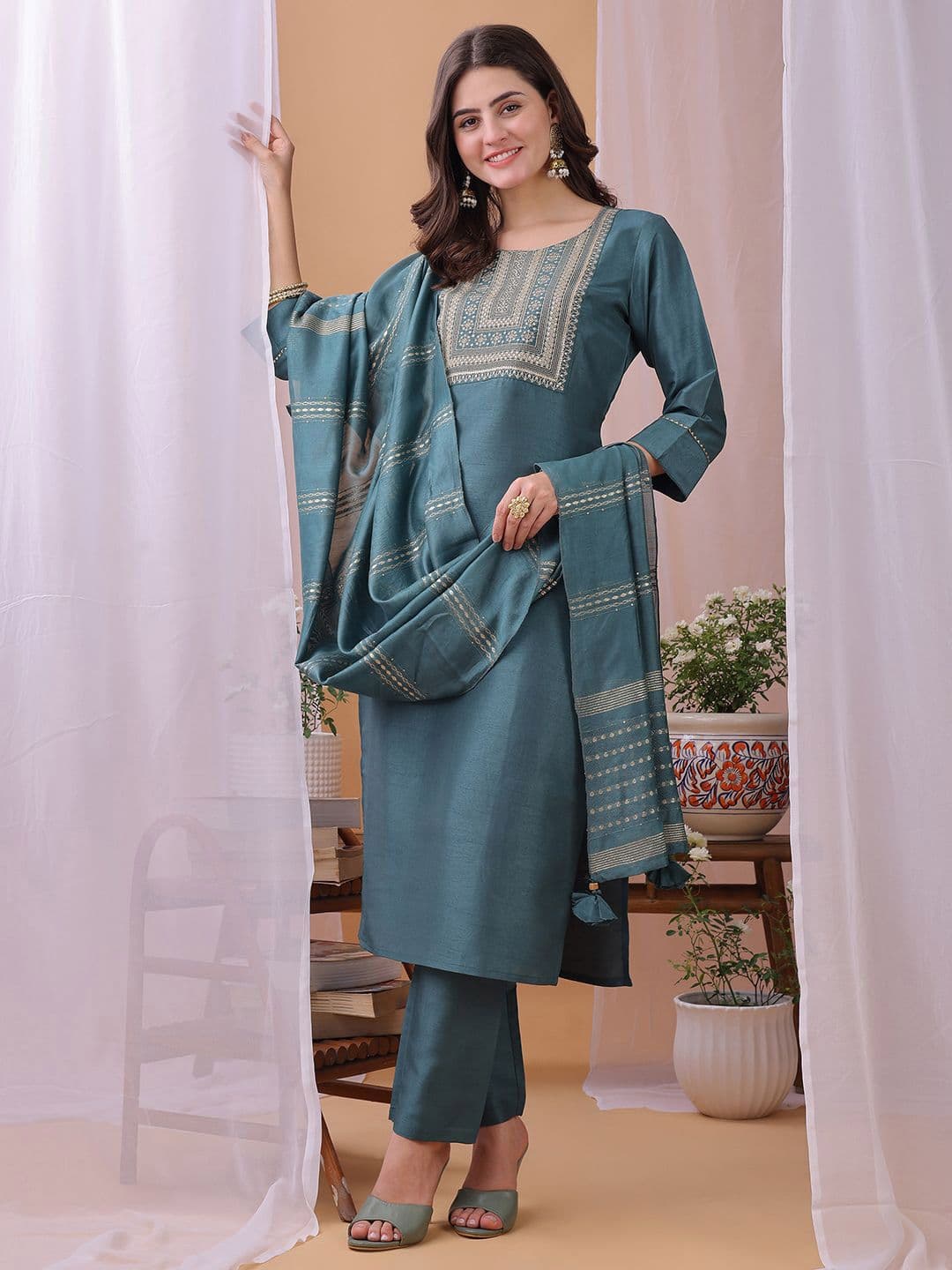 KALINI Women Woven Design Embroidered Kurta with Trousers & Dupatta - view 1