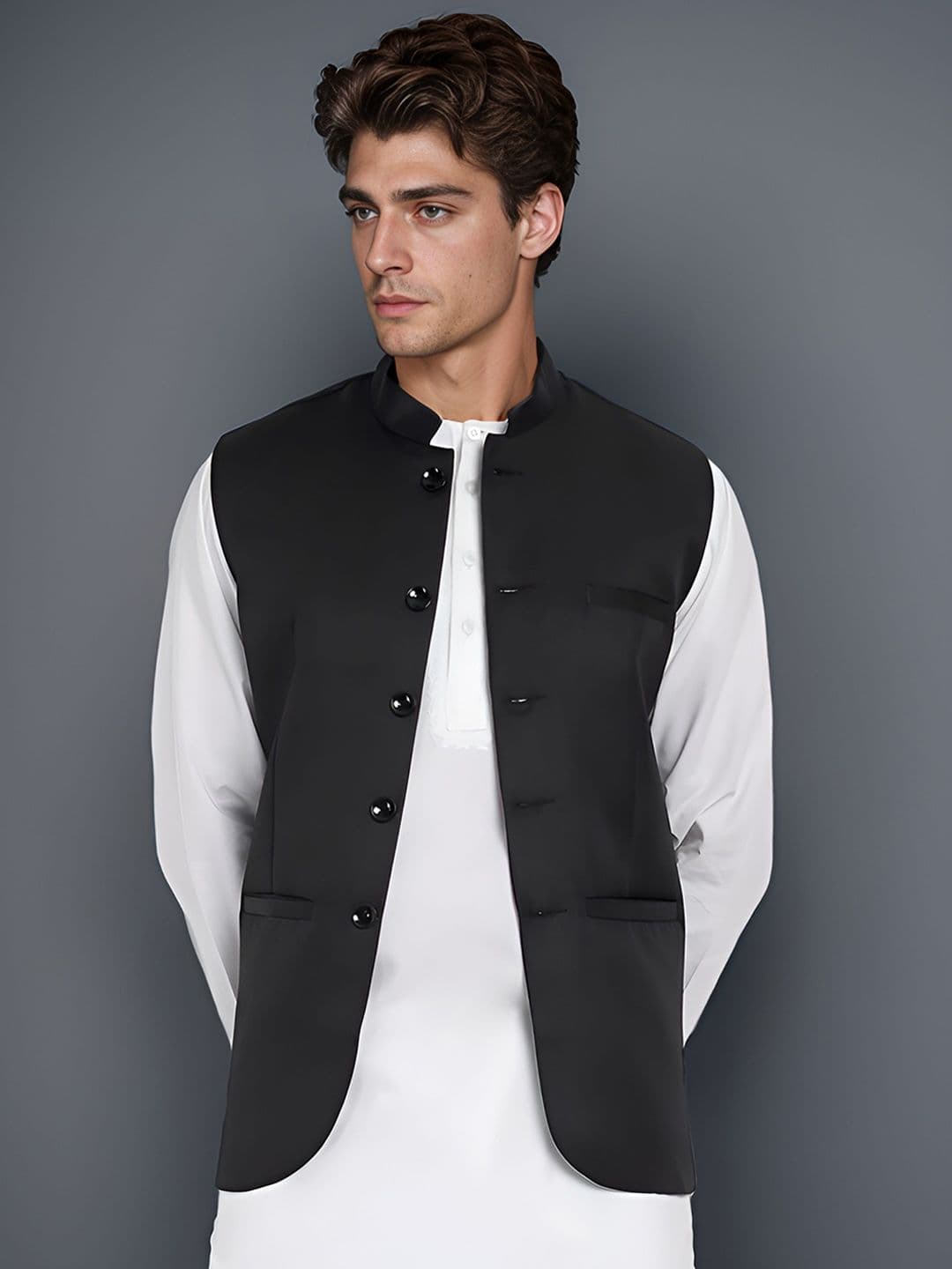 Moda Rapido Satin Mandarin Collar Nehru Jacket - view 1