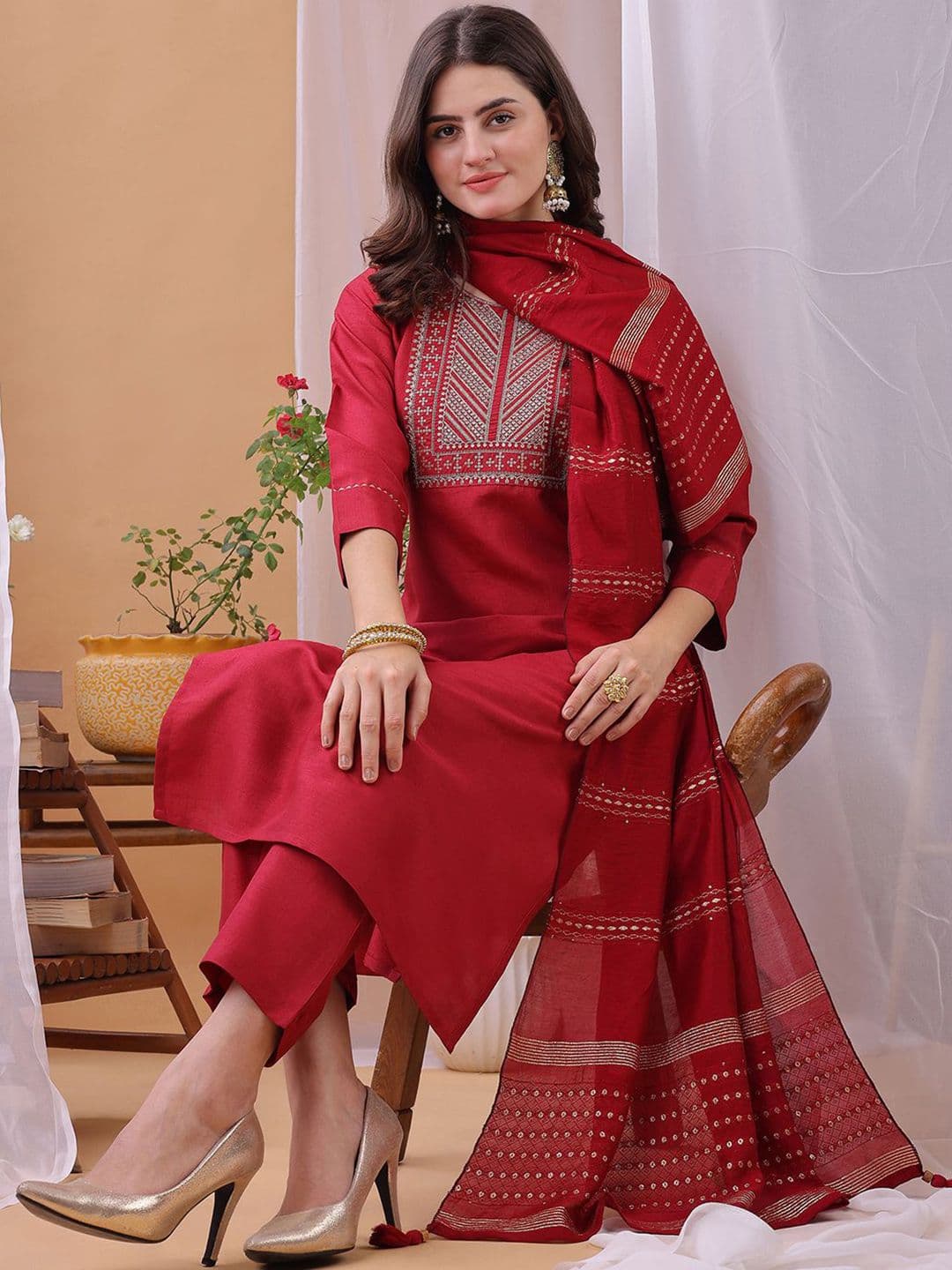 KALINI Women Ethnic Motifs Embroidered Regular Sequinned Kurta Sets With Dupatta - view 1
