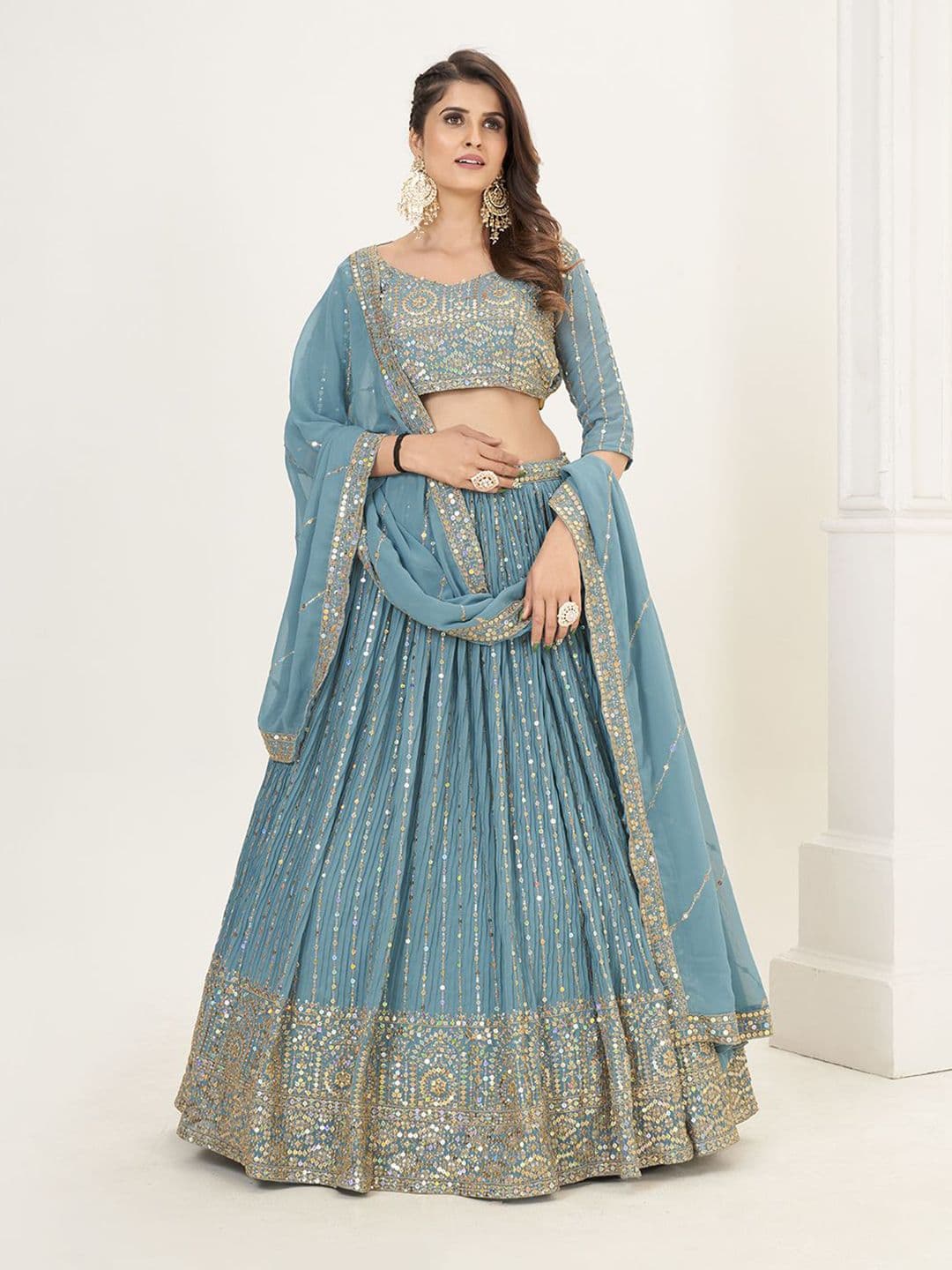 SHOPGARB Floral Embroidered Semi-Stitched Lehenga & Unstitched Blouse With Dupatta - view 1