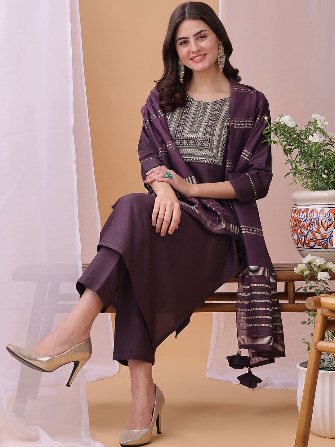 KALINI Yoke Design Sequinned Straight Kurta With Trousers And Dupatta - view 1