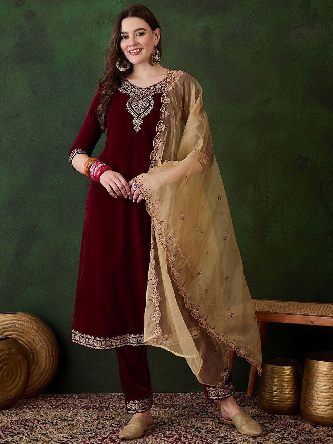 Sangria Women Zari Sequence Embroidered Straight Velvet Kurta Trousers With Dupatta - view 1