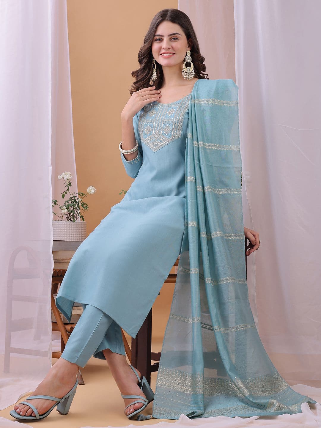 KALINI Yoke Design Sequinned Straight Kurta With Trousers And Dupatta - view 1