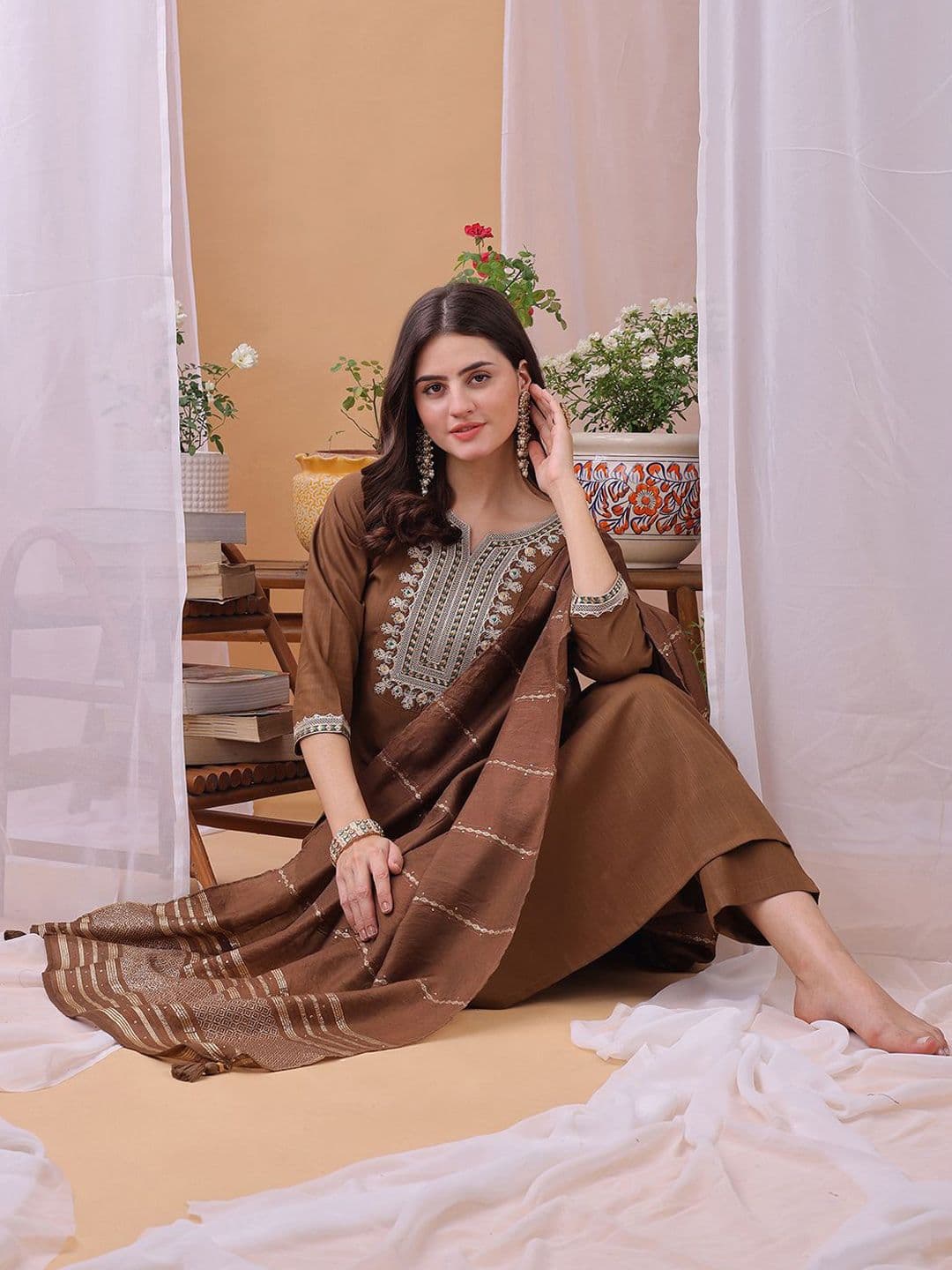 KALINI Yoke Design Sequinned Straight Kurta With Trousers And Dupatta - view 1