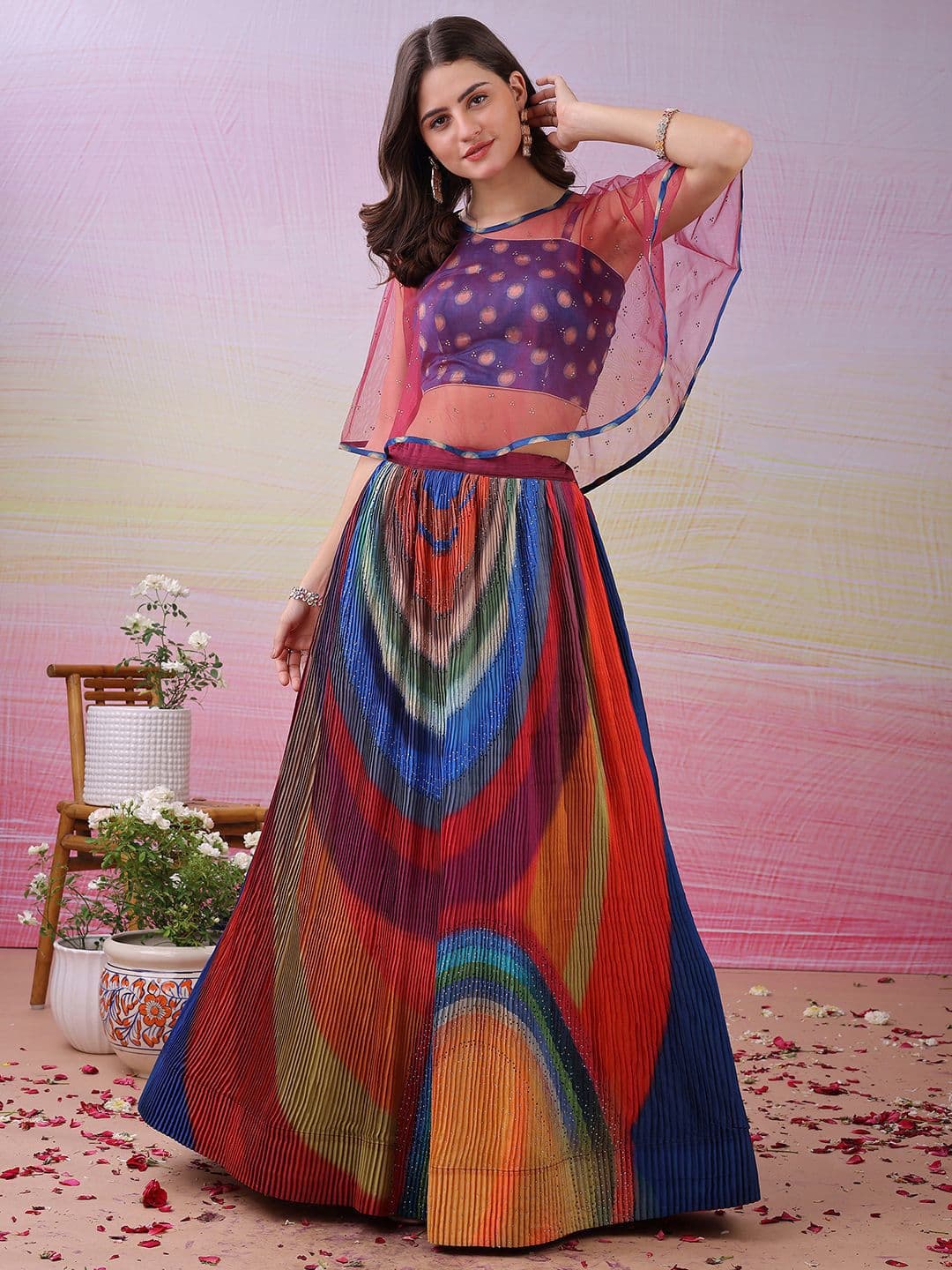 SAPTRANGI Printed Beads and Stones Semi-Stitched Lehenga & Unstitched - view 1