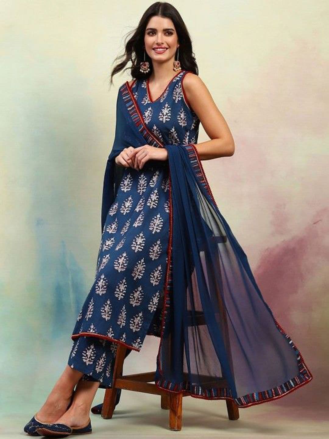 V.S.Creation Printed Pure Cotton Sleeveless V-Neck Straight Kurta With Trousers & Dupatta - view 1