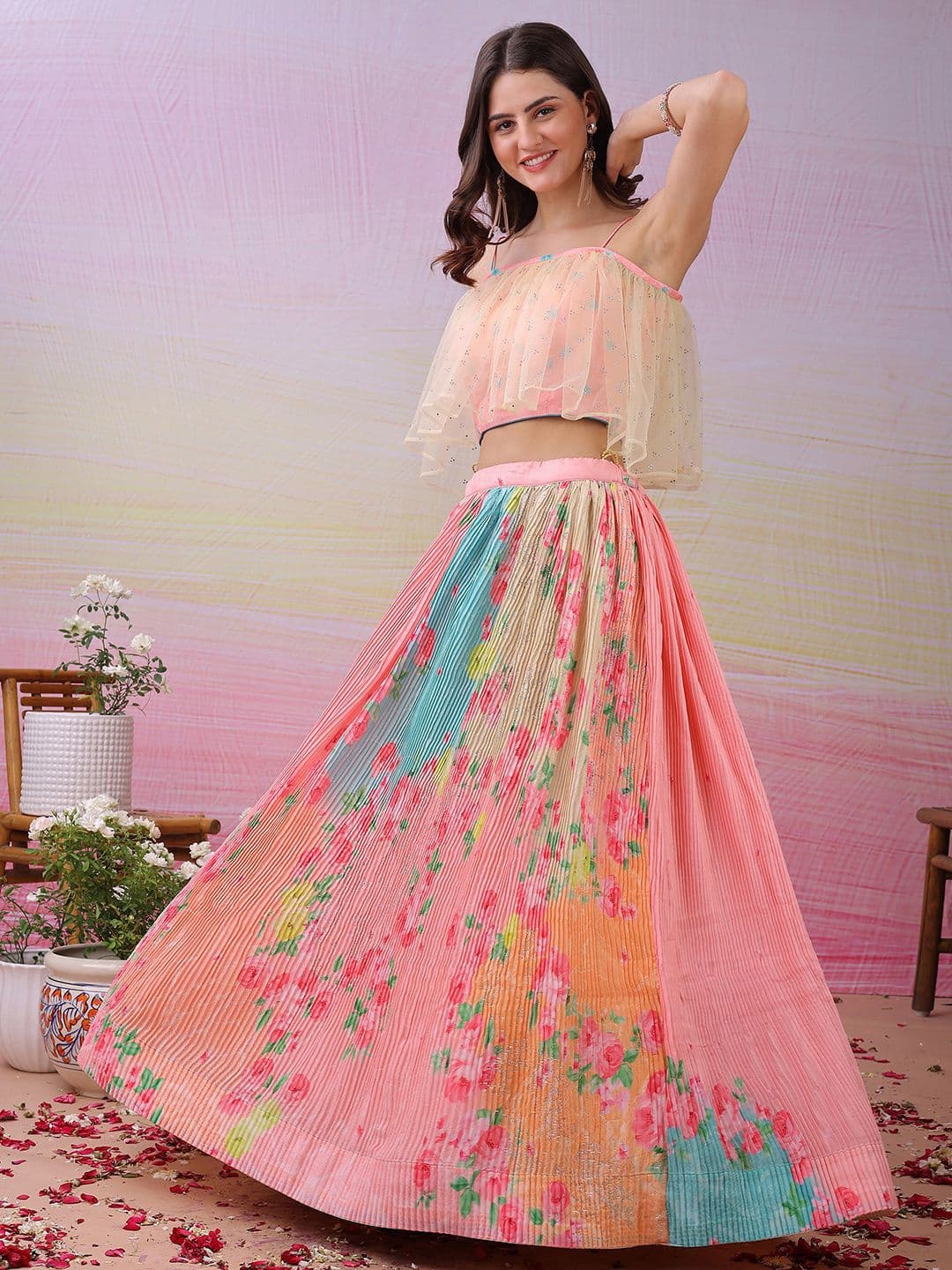 SAPTRANGI Printed Semi-Stitched Lehenga & Unstitched Choli & Cape - view 1