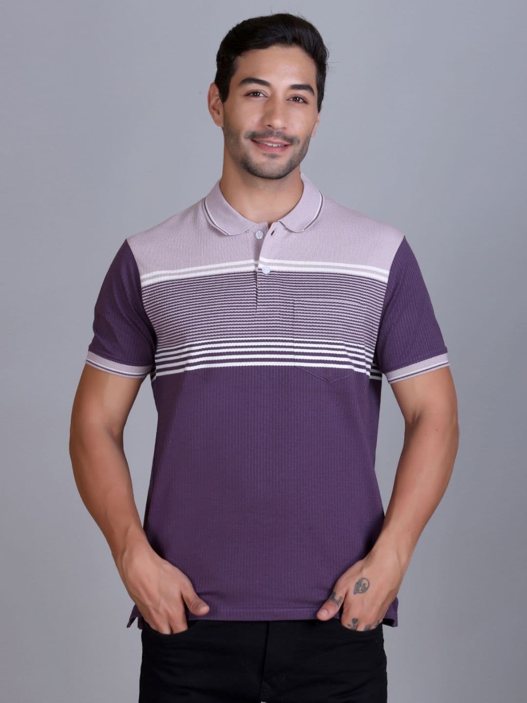 SANE ORIGINALS Men Striped Polo Collar Pockets T-shirt - view 1