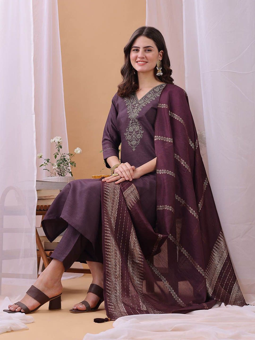 KALINI Yoke Design Sequinned Straight Kurta With Trousers And Dupatta - view 1