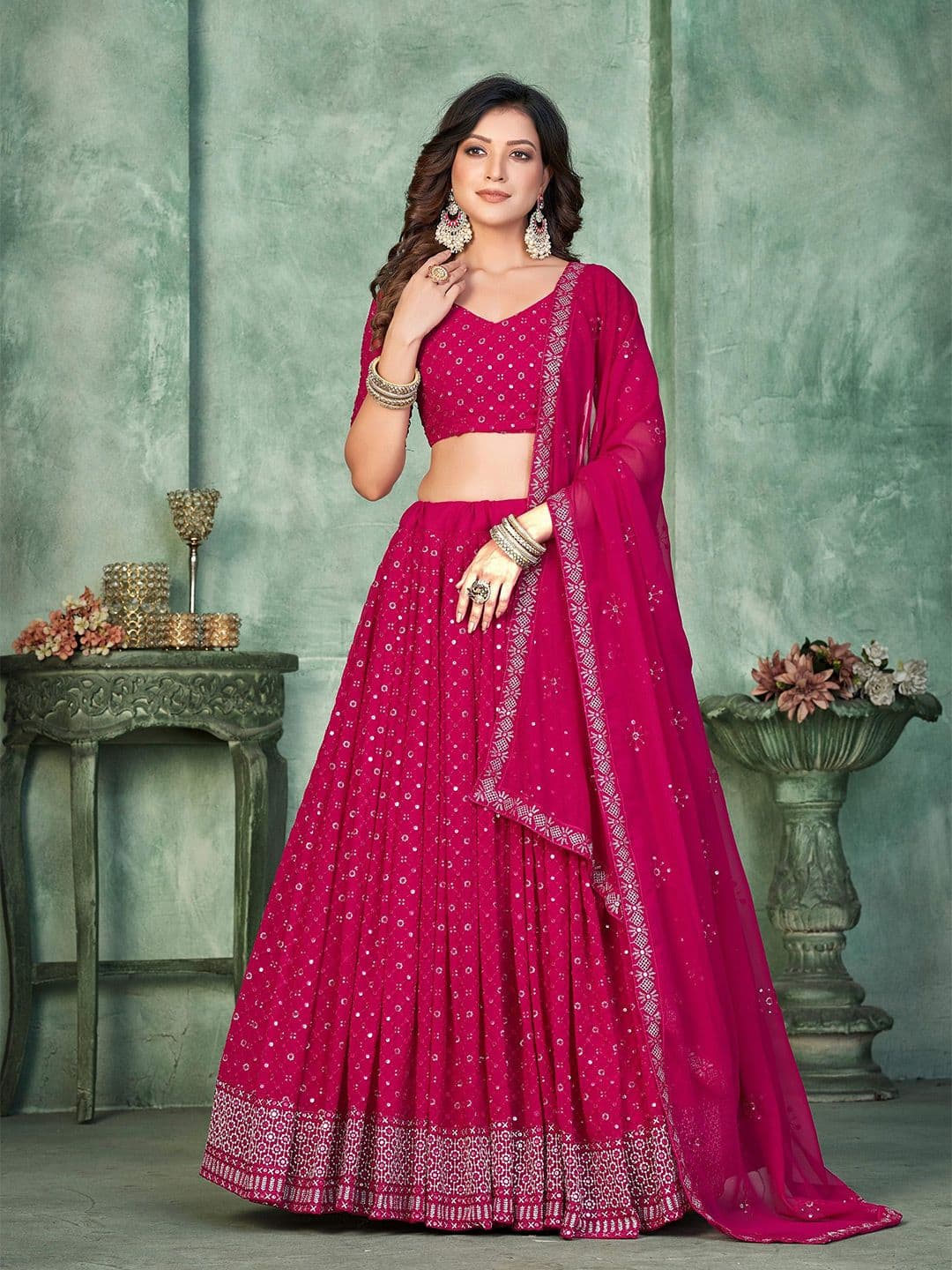 Warthy Ent Embroidered Sequinned Semi-Stitched Lehenga & Unstitched Blouse With Dupatta - view 1