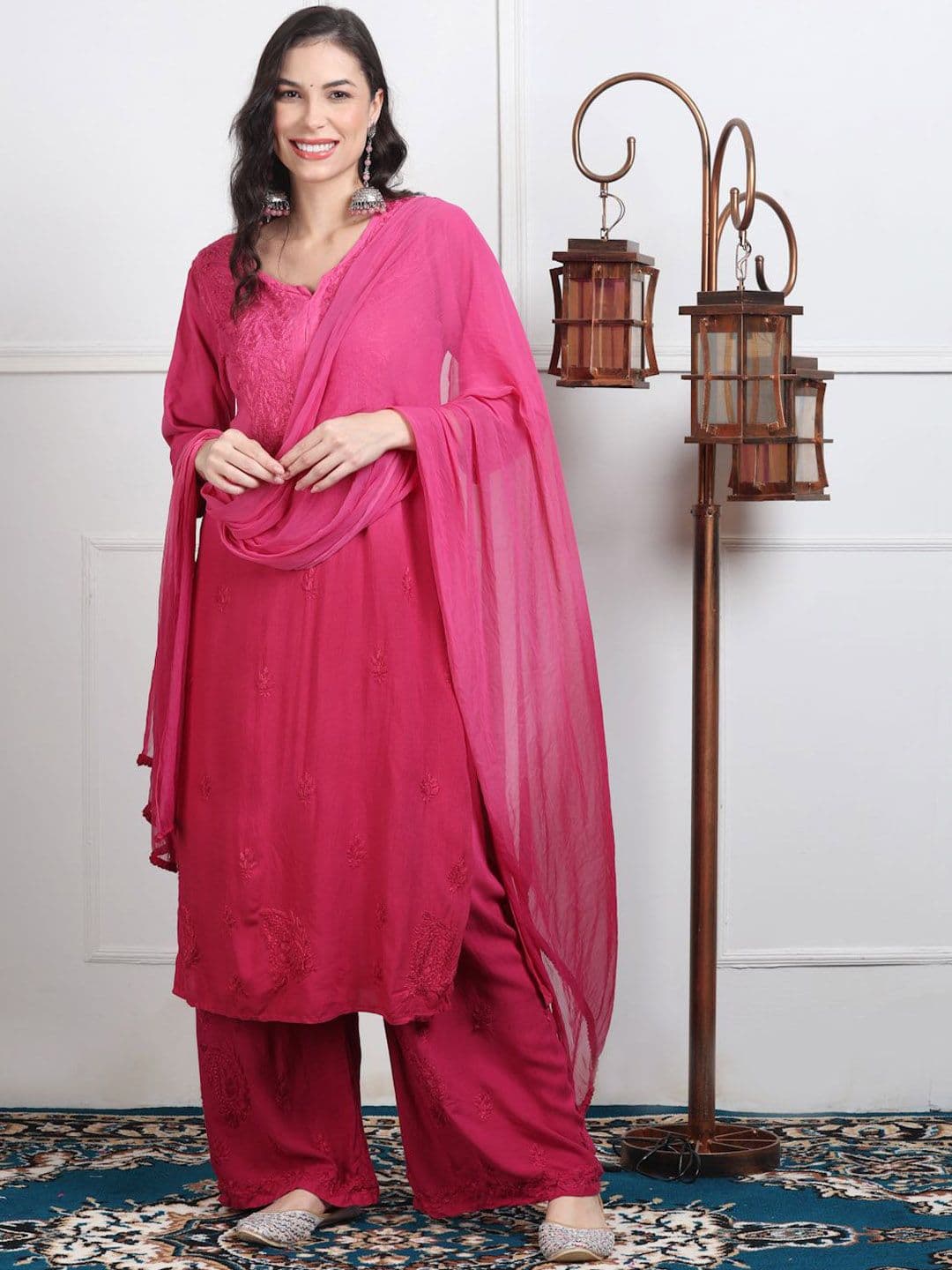 KHAKA Women Woven Design Embroidered Kurti with Palazzos & Dupatta - view 1