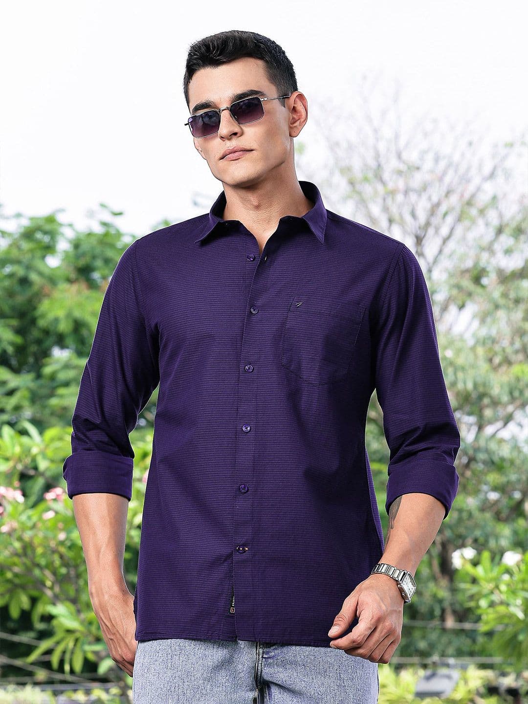 INVICTUS Men Premium Slim Fit Textured Spread Collar Cotton Casual Shirt - view 1