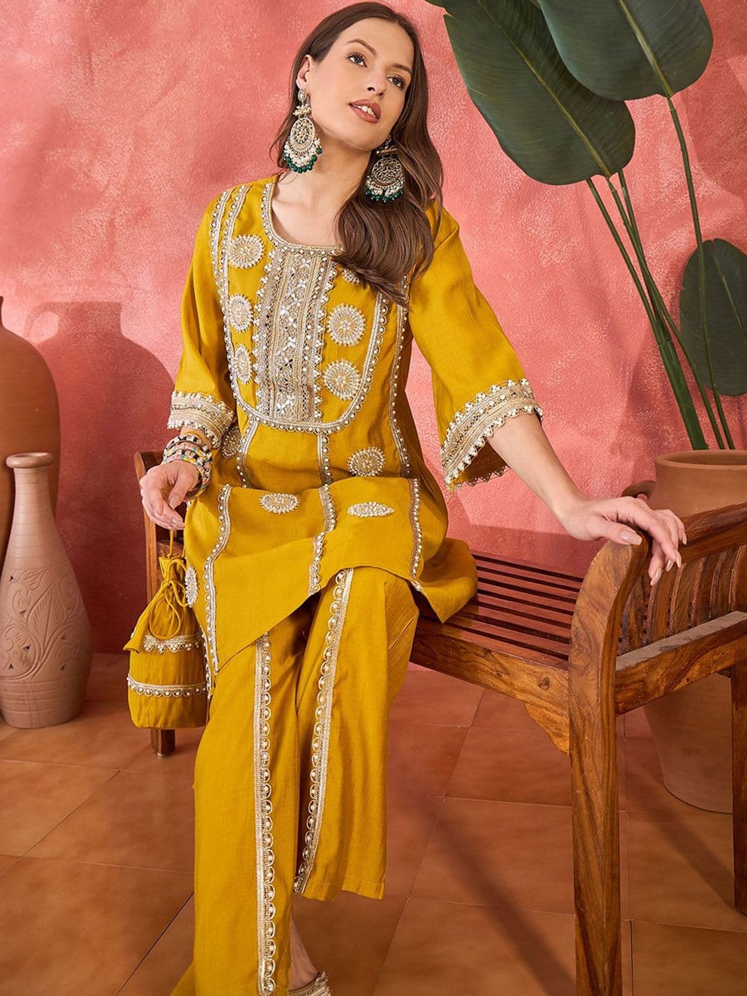 Sangria Women Floral Embroidered & Sequined A-Line Kurta With Palazzos & Bag - view 1
