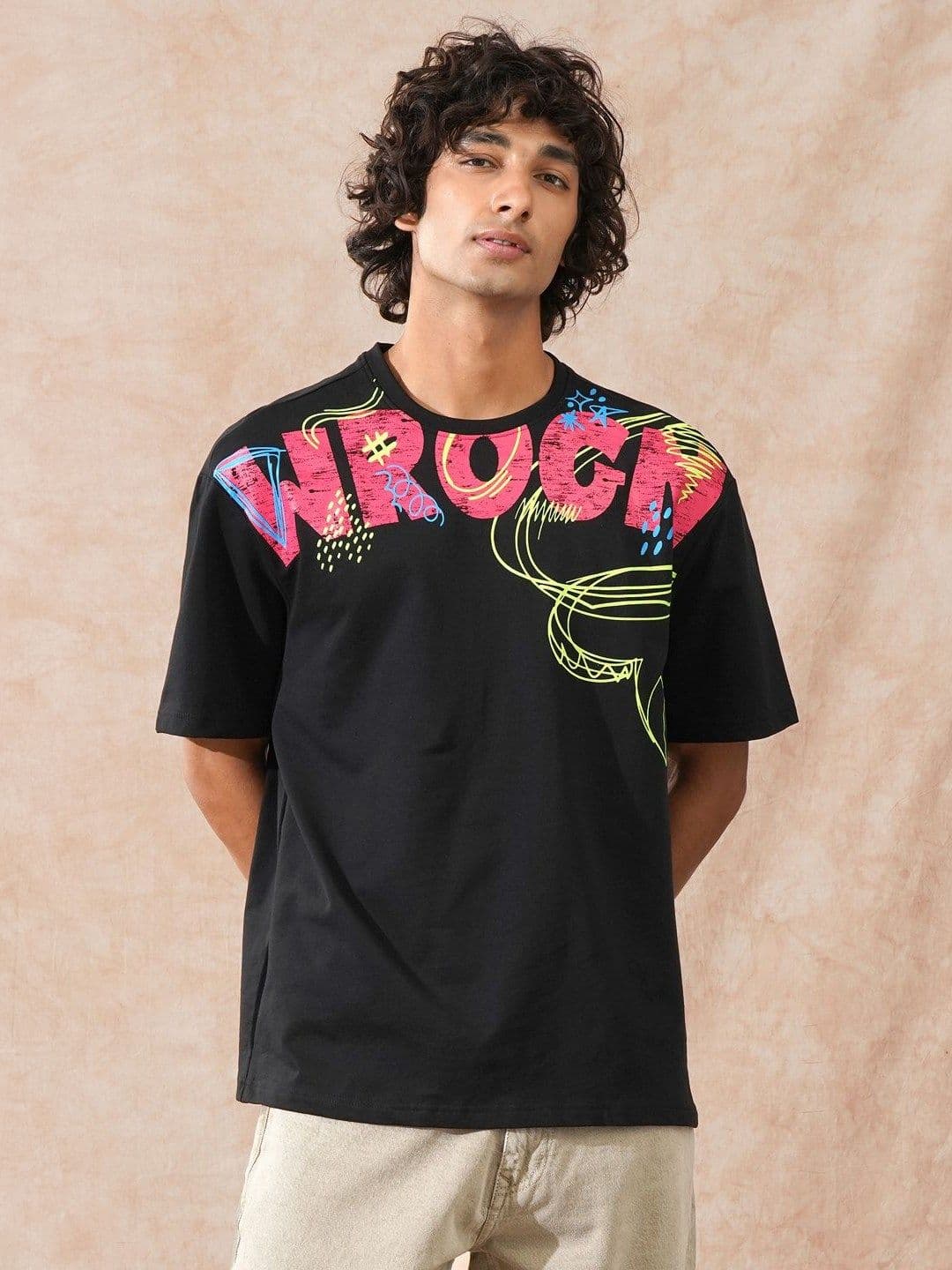WROGN Printed Pure Cotton Short Sleeves Round Neck Oversized T-shirt - view 1