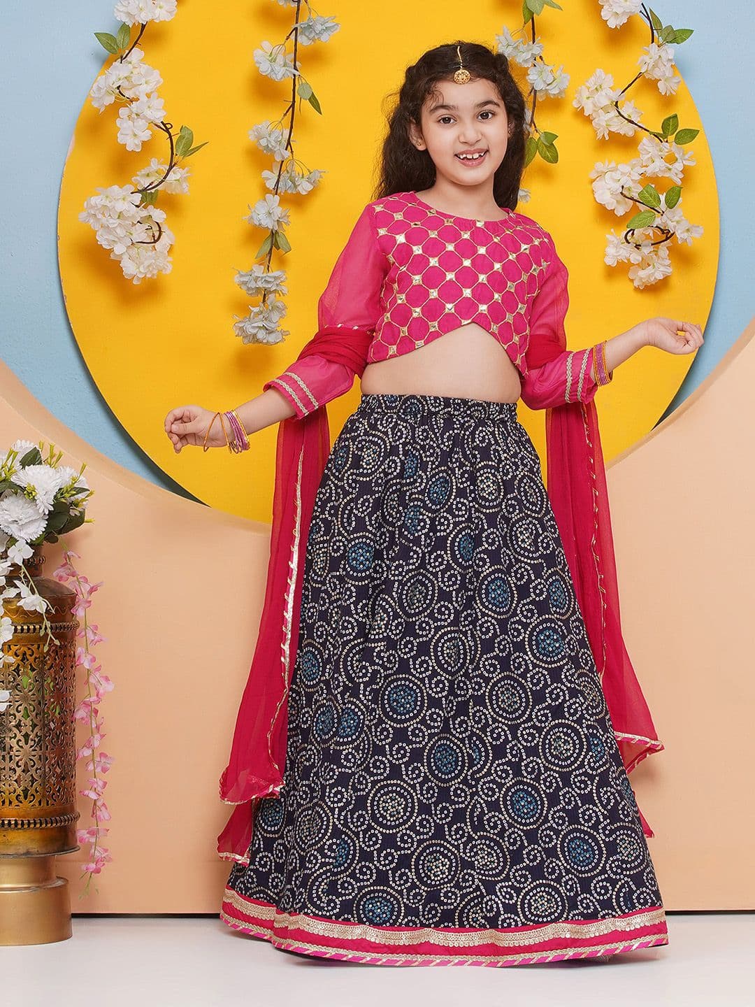 Bitiya by Bhama Girls Embroidered Mirror Work Ready to Wear Lehenga & Blouse With Dupatta - view 1