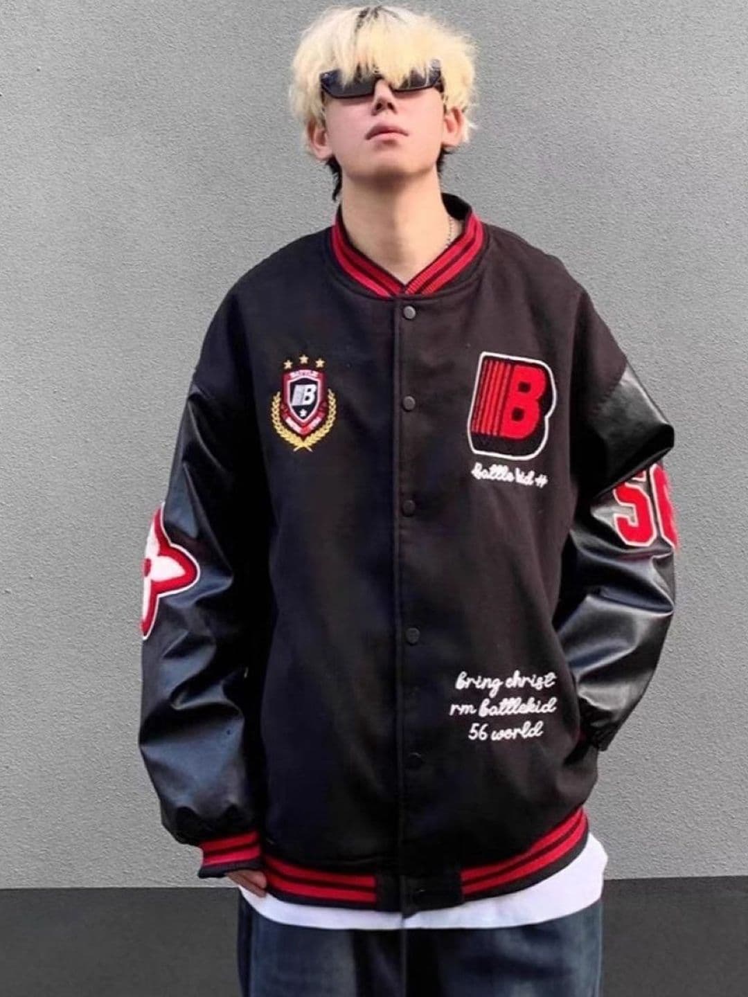 KPOP Men Typography Printed Embroidered Stand Collar Oversized Bomber Jacket - view 1