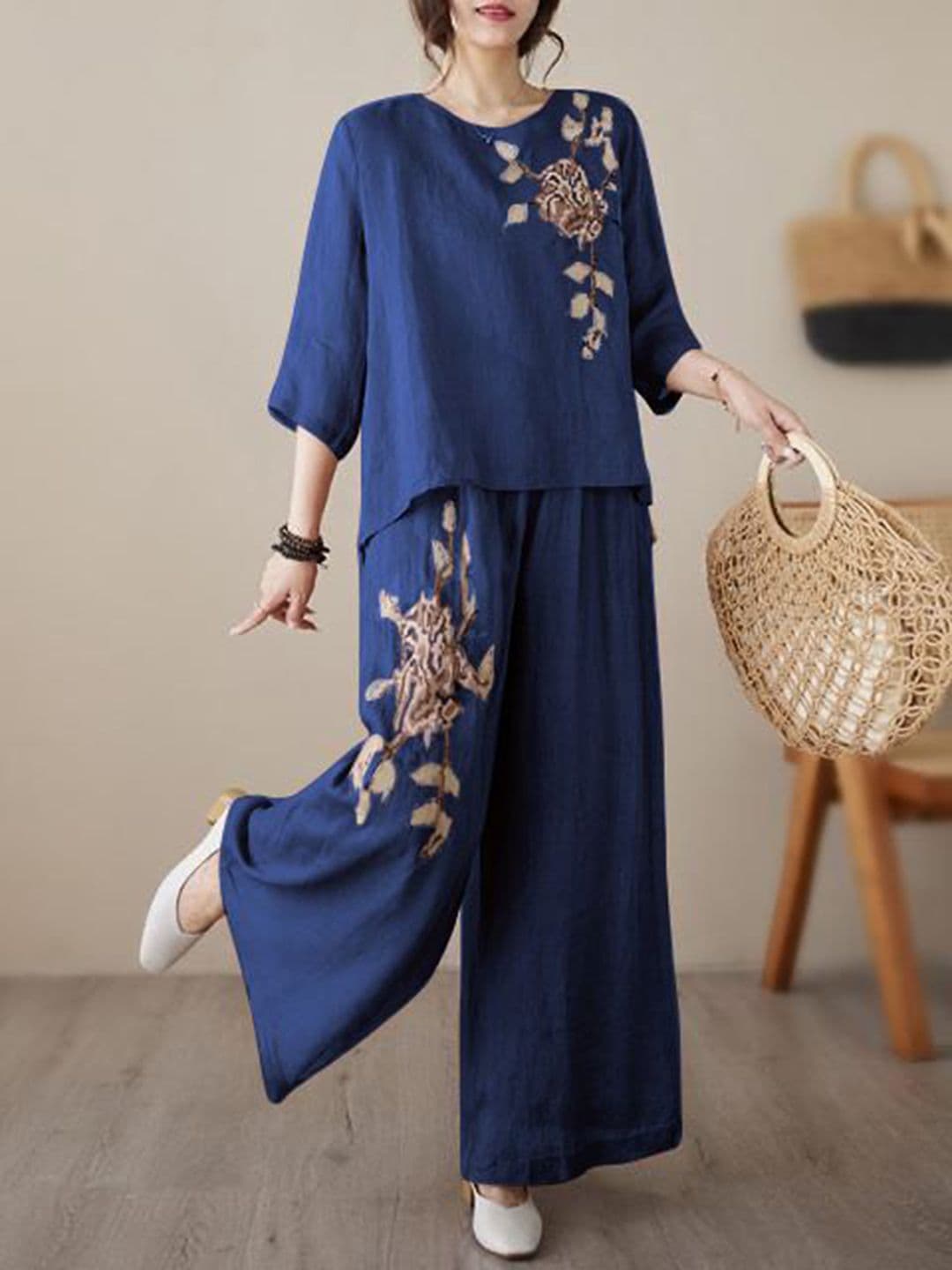 DressBerry Embroidered Round Neck Top & Trousers Co-Ords - view 1
