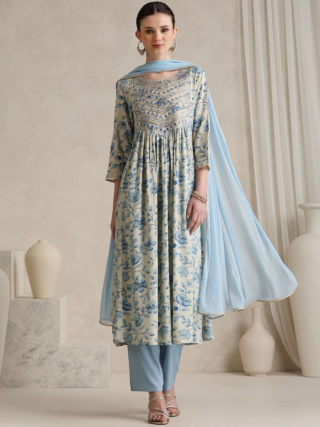 Khushal K Women Floral Printed Regular Sequinned Kurta with Palazzos & With Dupatta - view 1