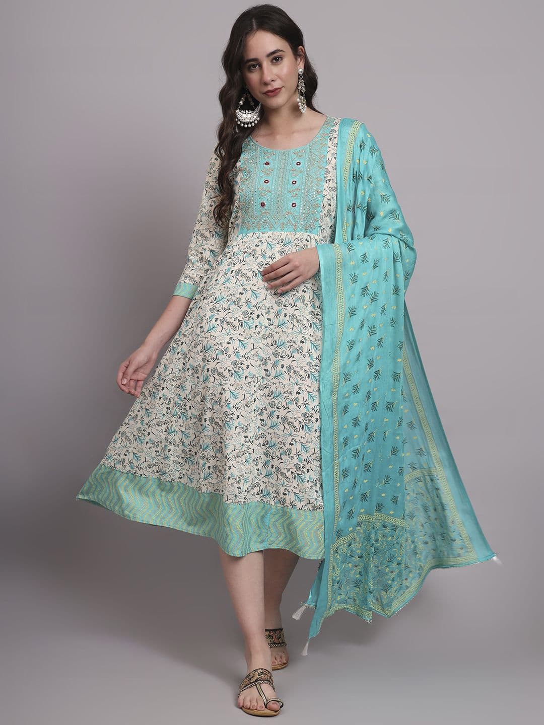 aayusika Printed & Embroidered Work Dress & Dupatta Set - view 1