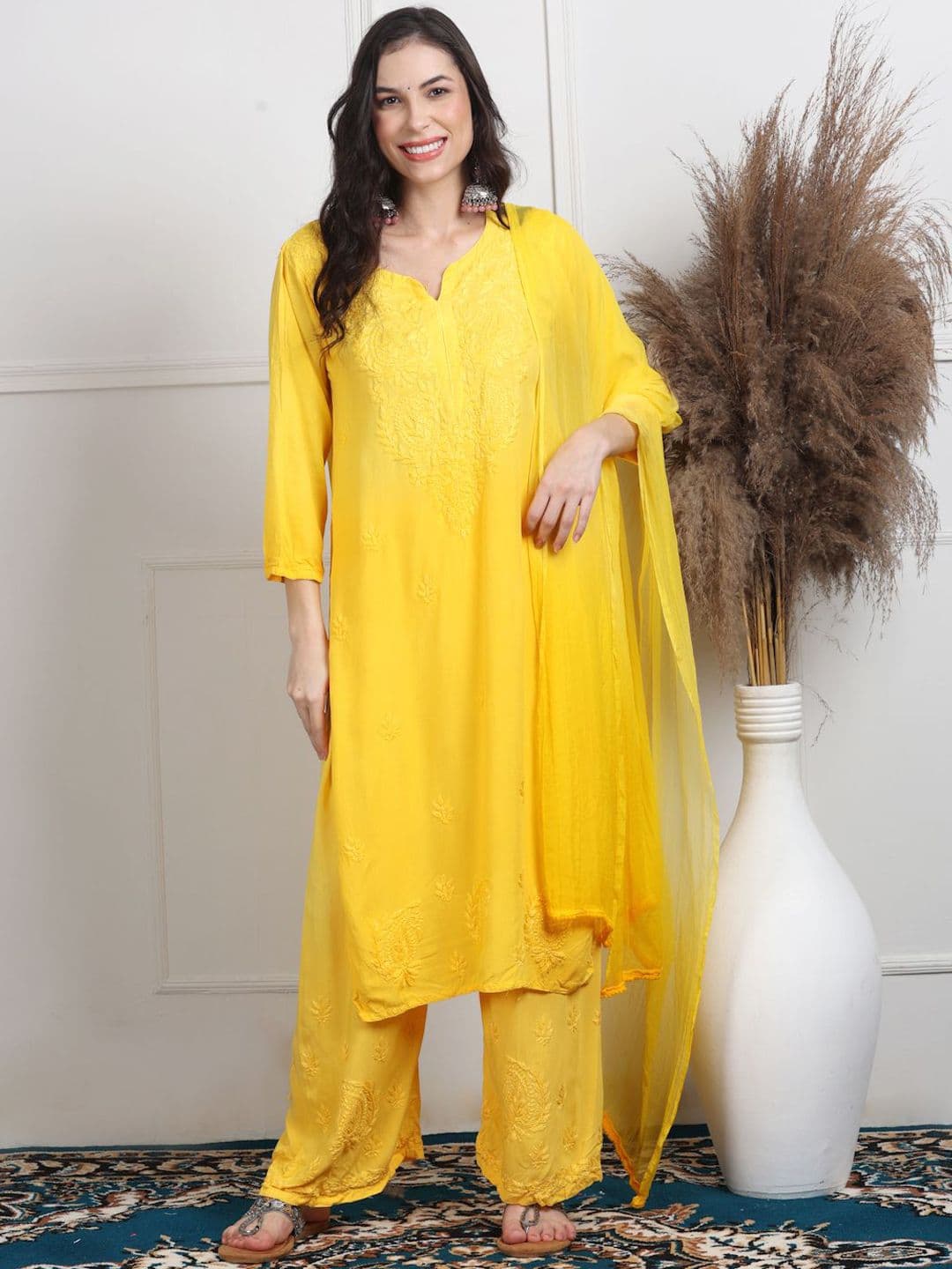 KHAKA Floral Embroidered Chikankari Straight Kurta With Palazzos And Dupatta - view 1