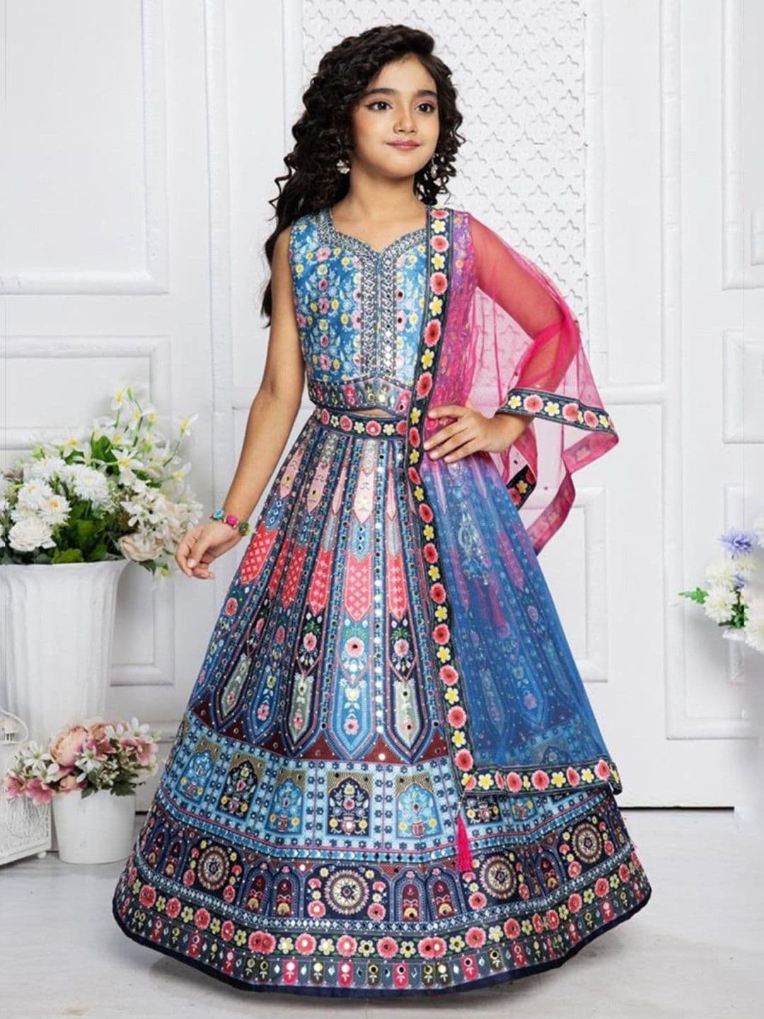 NKV Girls Printed Mirror Work Lehenga With Blouse & Dupatta - view 1